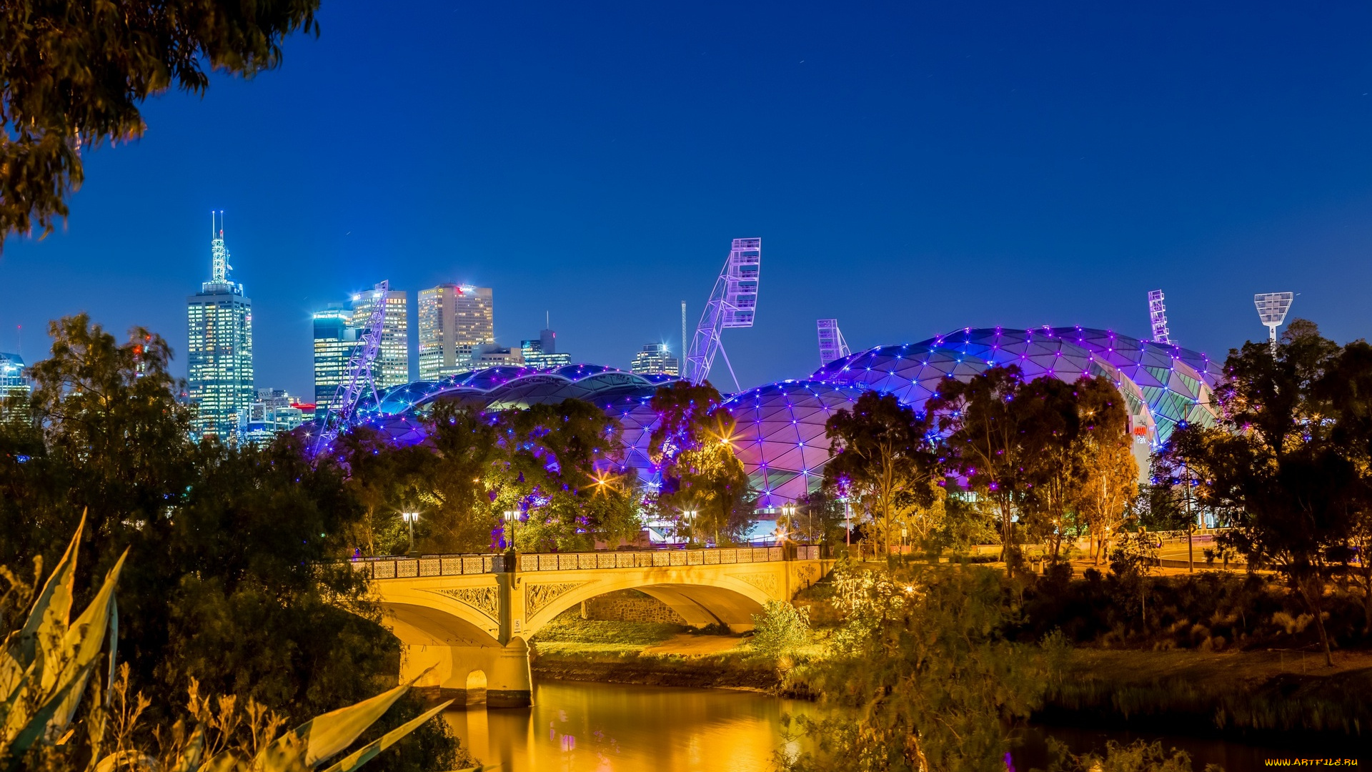 австралия, города, -, огни, ночного, города, мост, река, небоскребы