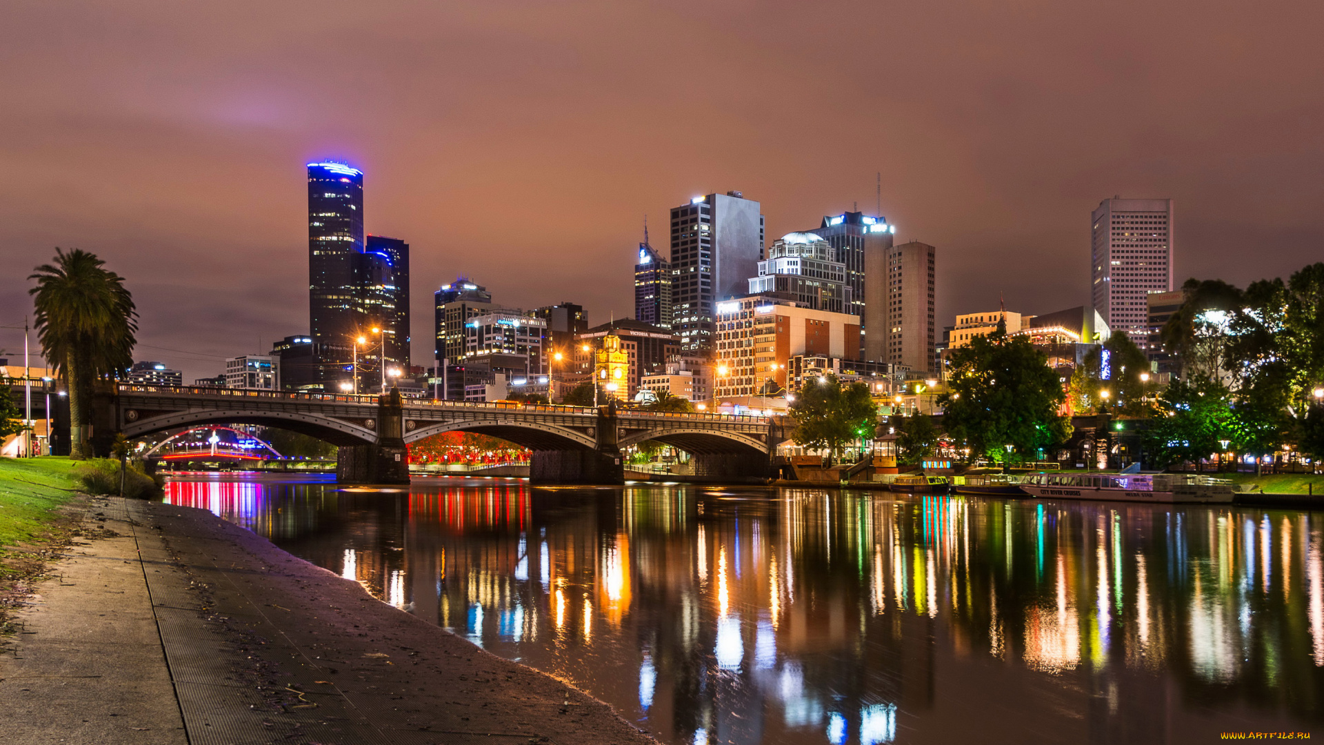 города, мельбурн, , австралия, огни, ночных, небоскребов, мельбурн, отражаются, в, водном, канале