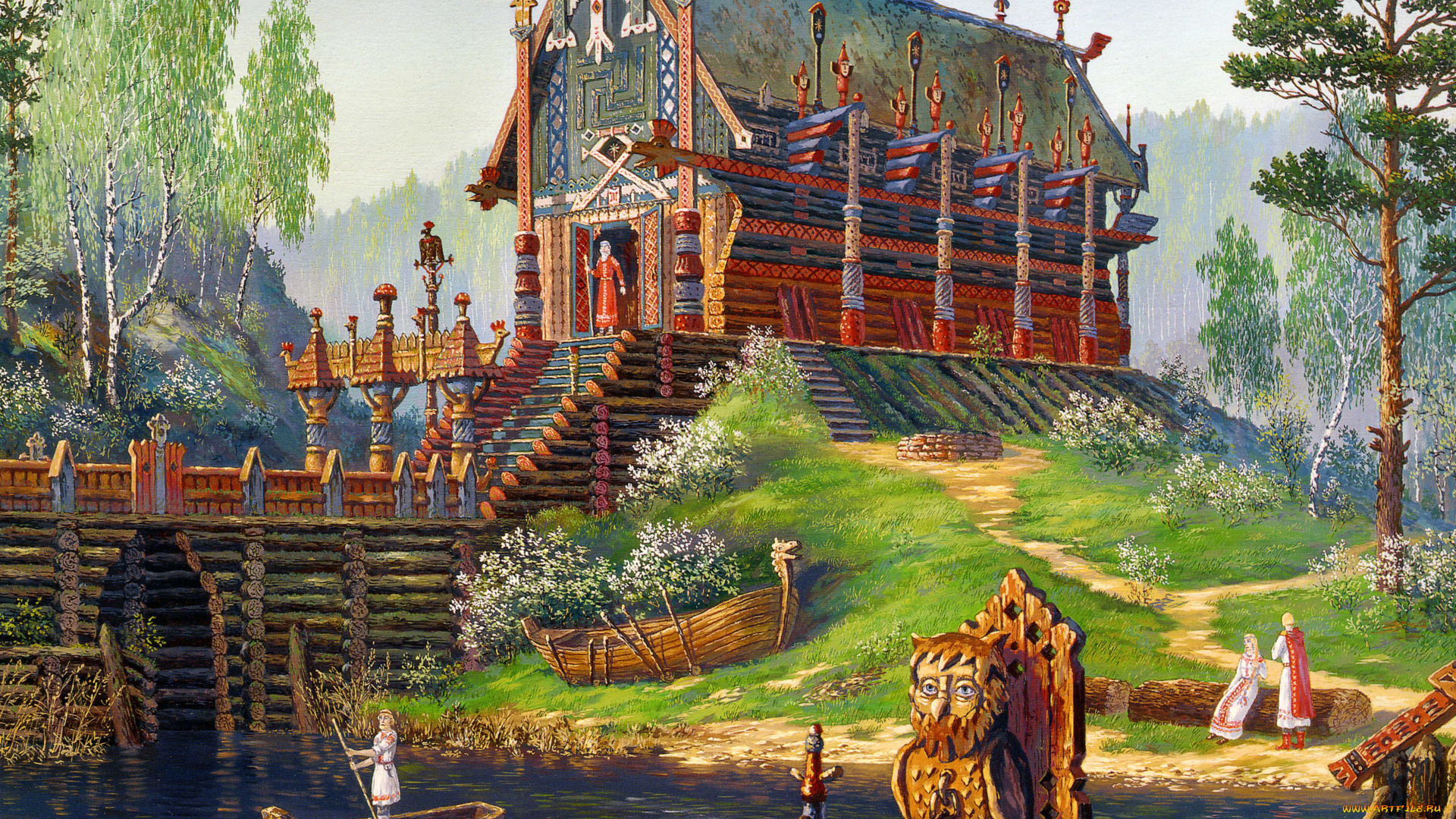 храм, свентовида, весна, рисованные, всеволод, иванов, река, лодка, русский, фольклор