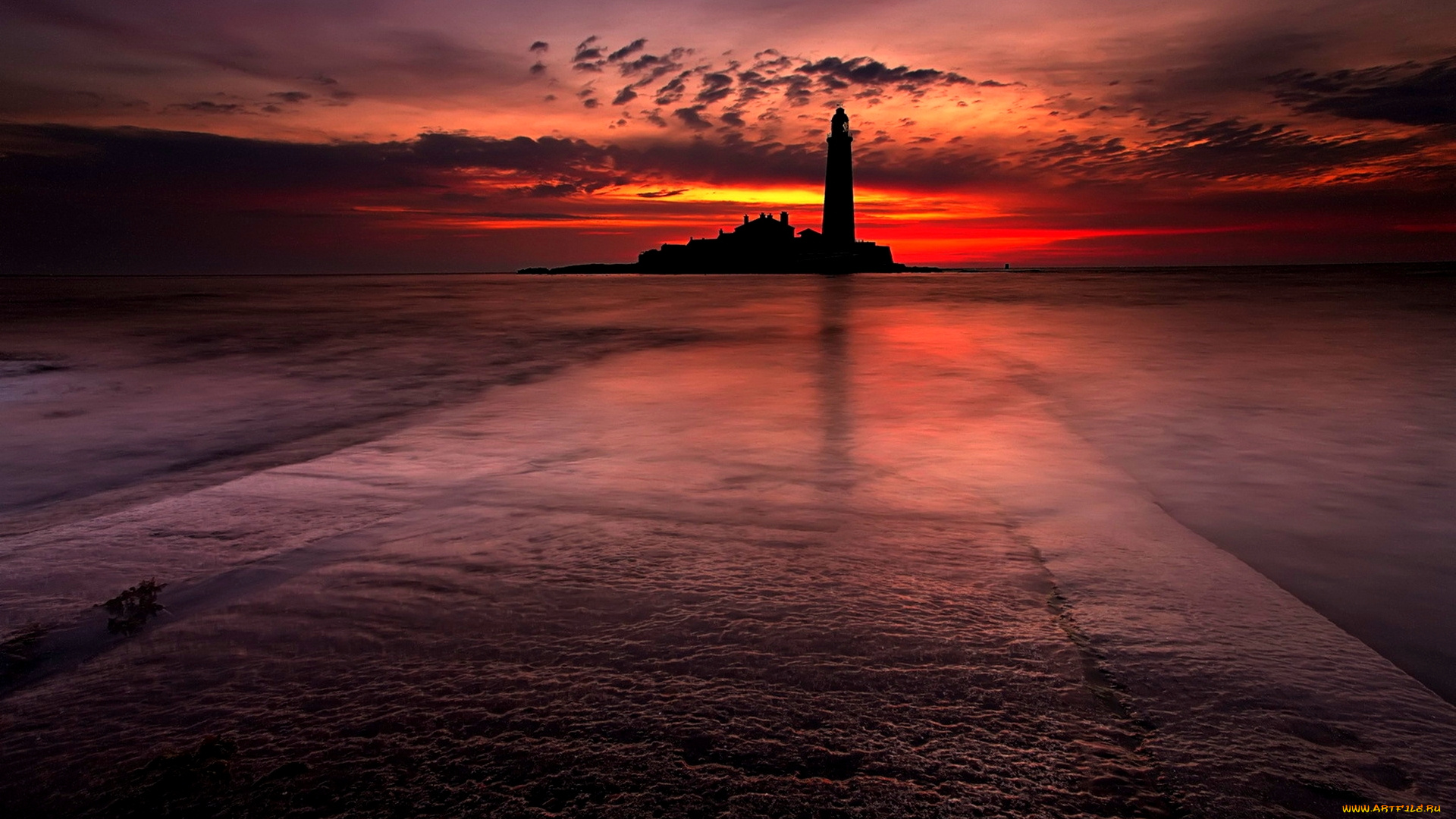 lighthouse, at, sunset, природа, маяки, море, багровый, маяк, закат