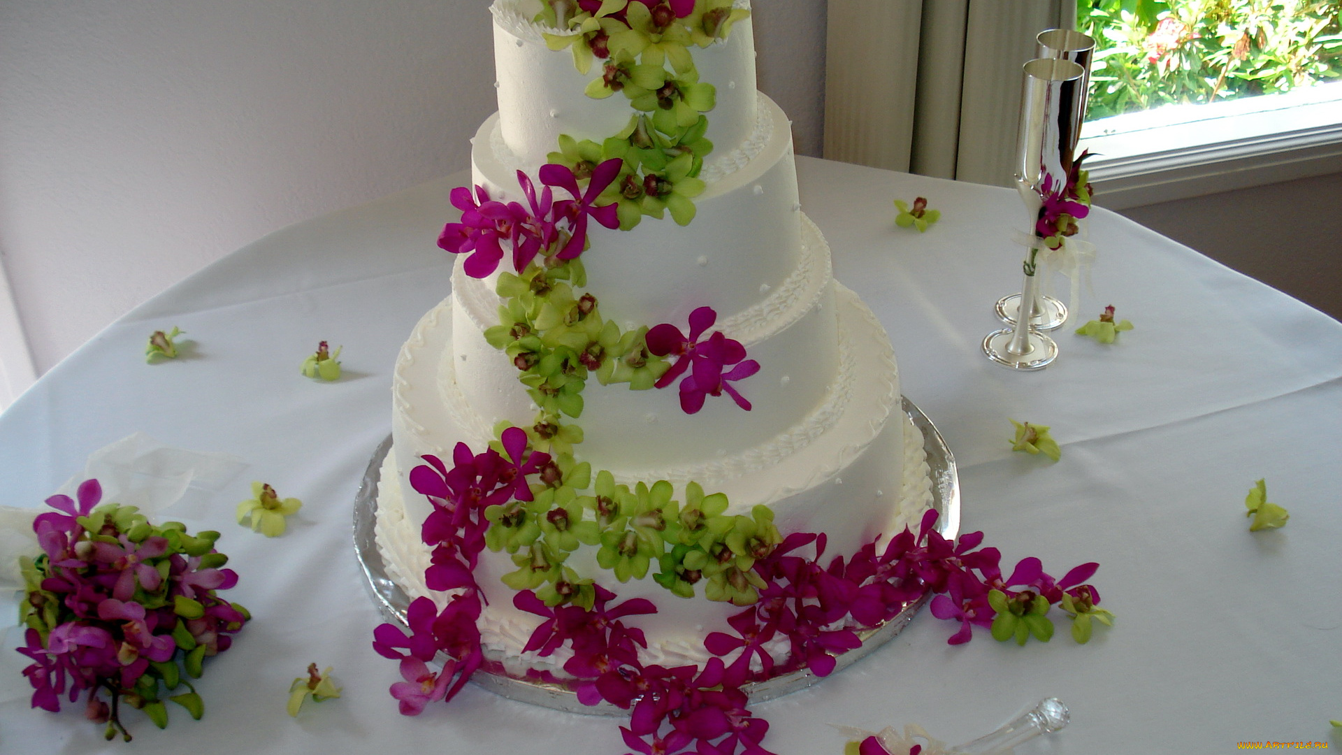свадебный, торт, еда, пирожные, кексы, печенье, цветы