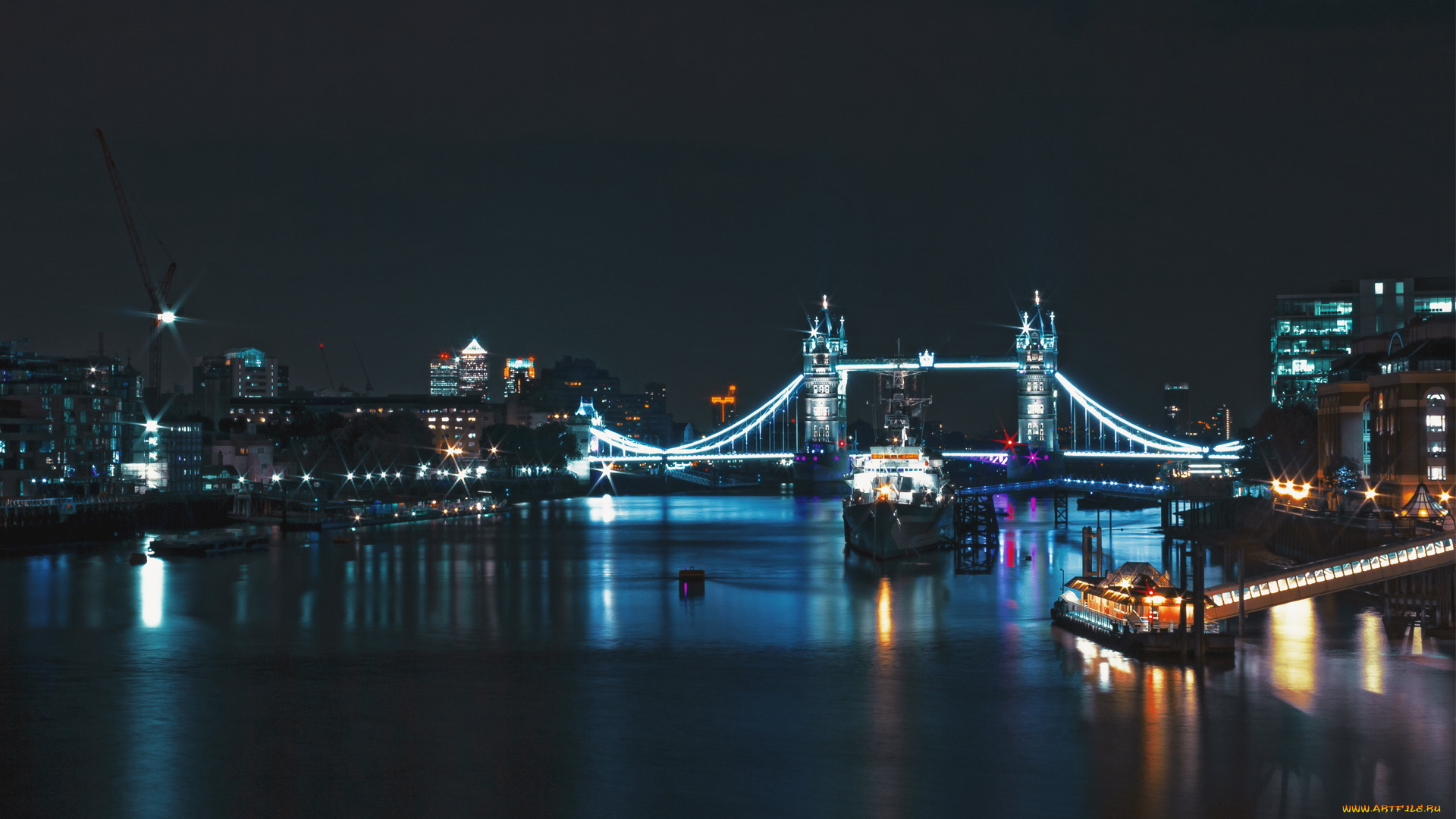 города, лондон, великобритания, мост, огни, корабли, ночь, река, дома