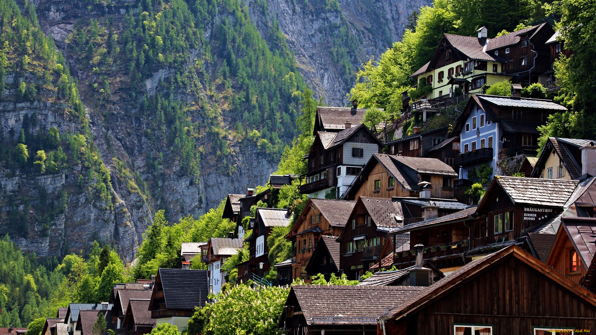 hallstatt, austria, города, пейзажи, гора, склон, гальштат, австрия, домики