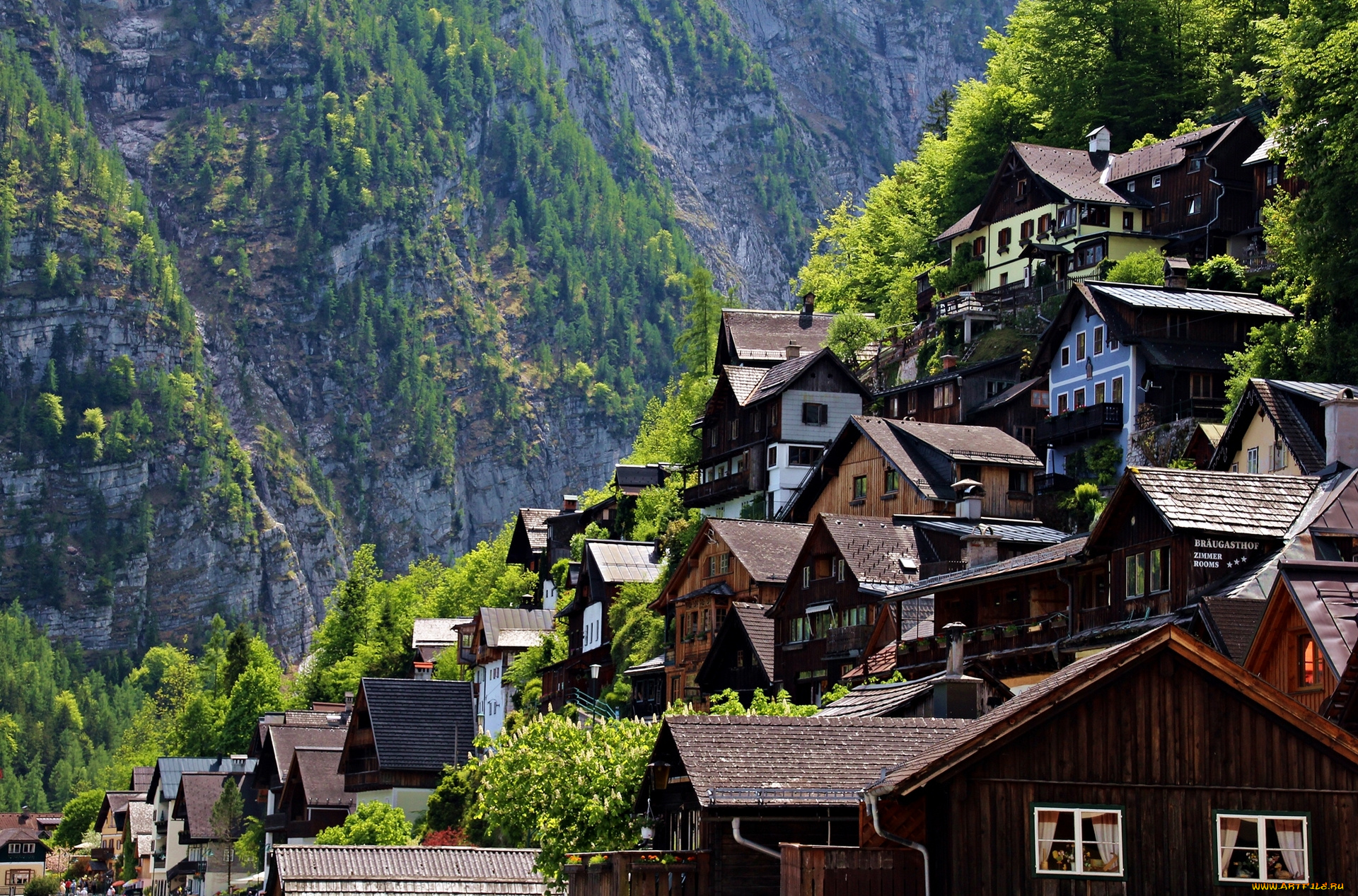 hallstatt, austria, города, пейзажи, гора, склон, гальштат, австрия, домики