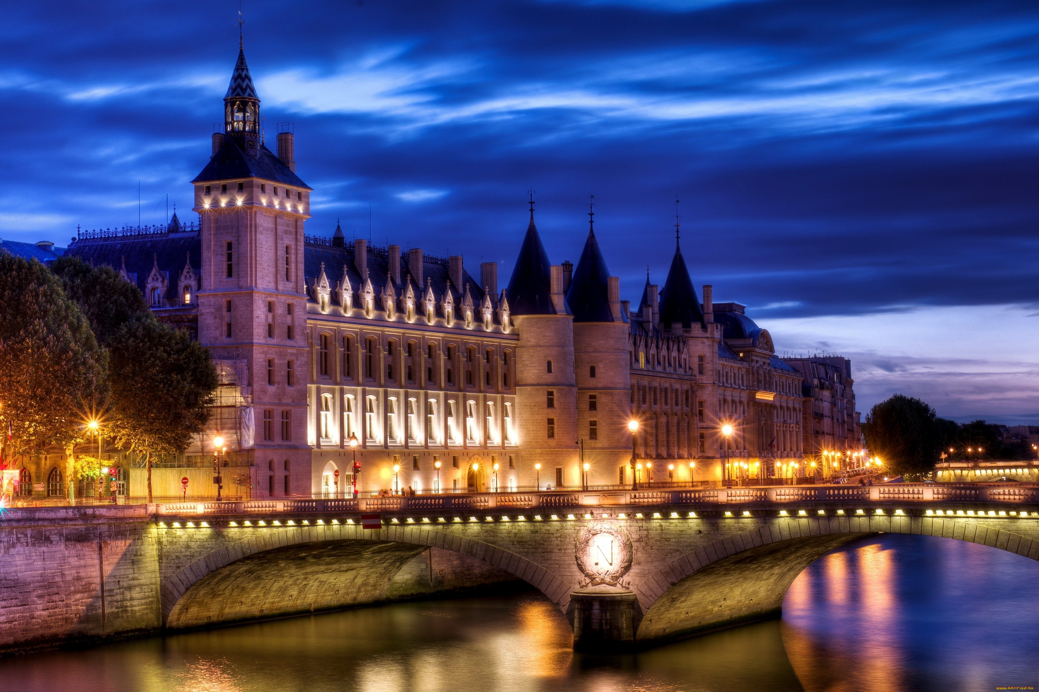 la, conciergerie, париж, франция, города, река, огни, дома, ночь