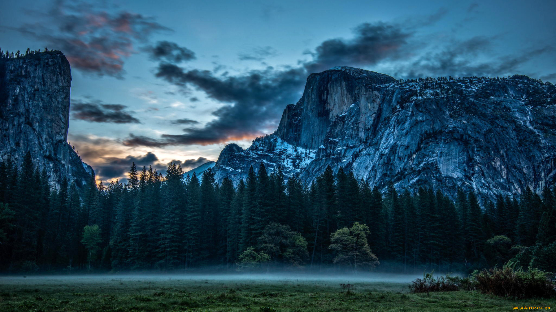 природа, горы, туман, луг, скалы, йосемити, national, park, california, облака, yosemite