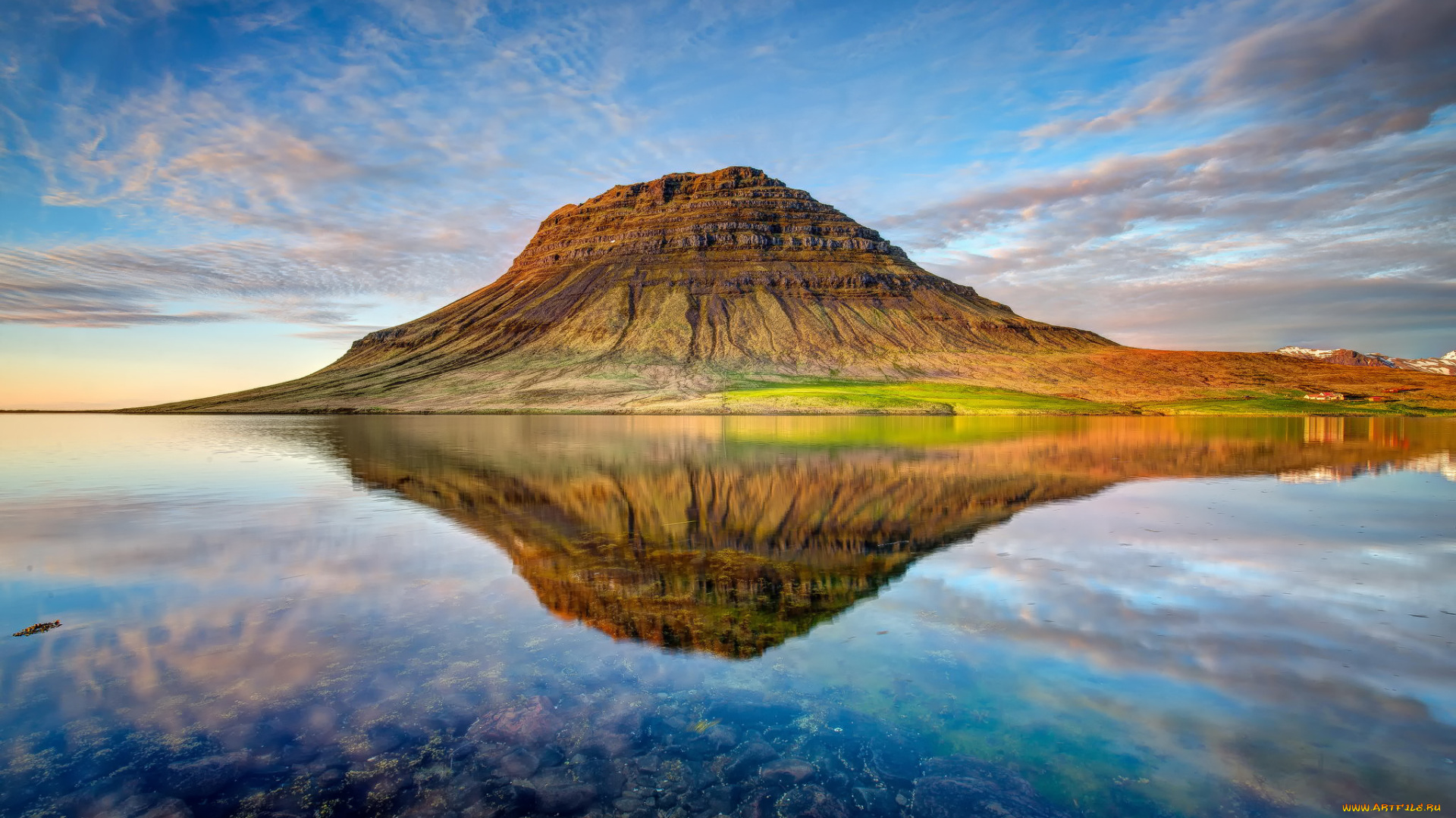 природа, реки, озера, отражение, облака, закат, озеро, гора, kirkjufell, исландия, вулкан