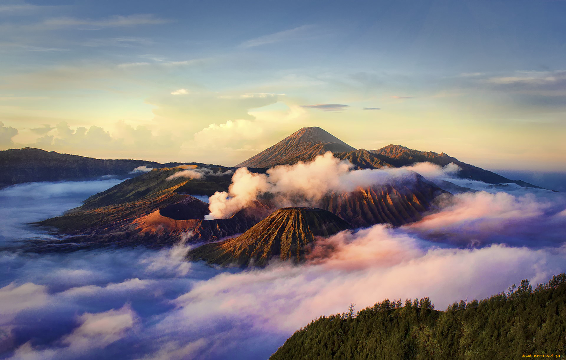 природа, горы, кальдеры, тенггер, облака, вулкан, бромо, индонезия
