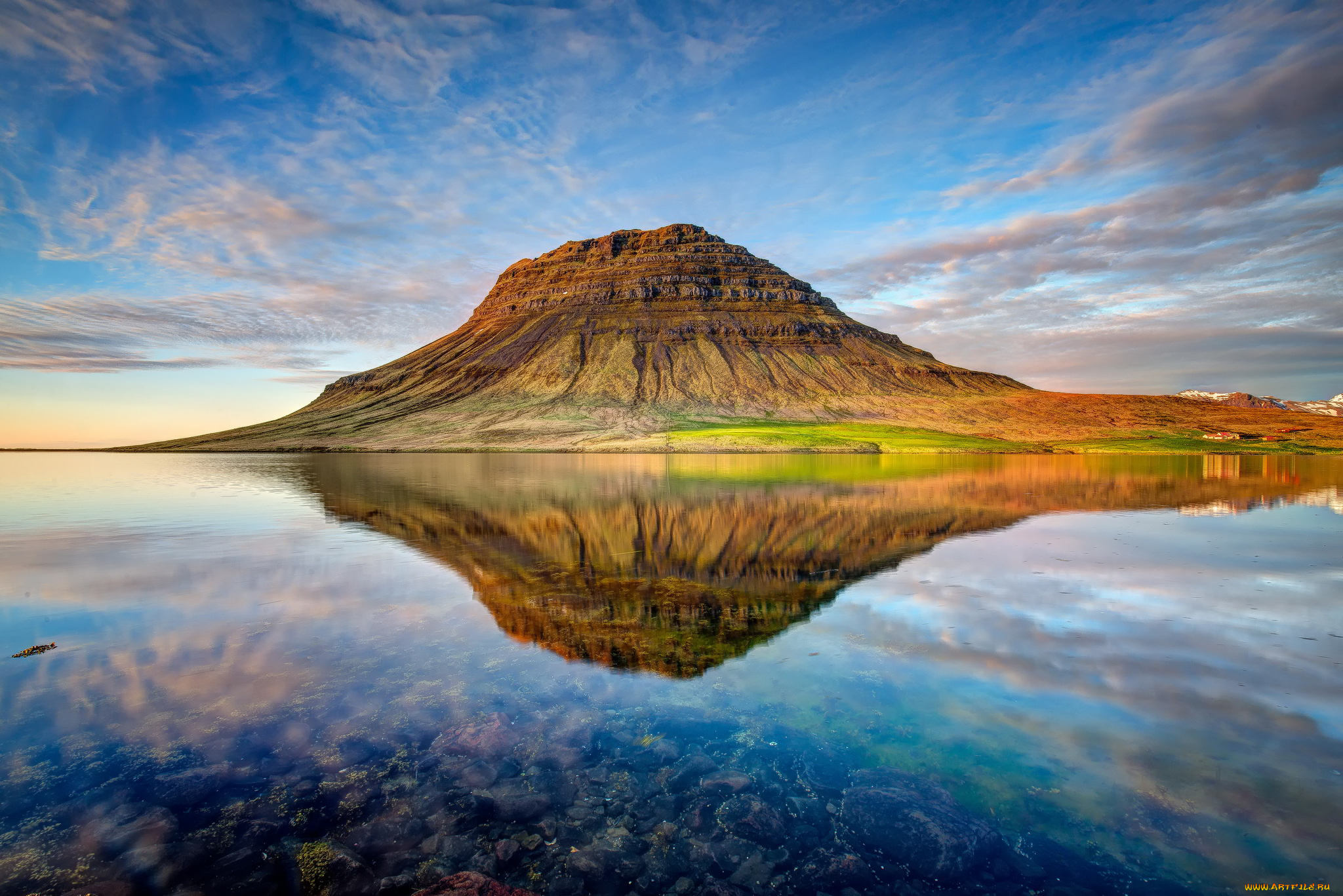 природа, реки, озера, отражение, облака, закат, озеро, гора, kirkjufell, исландия, вулкан