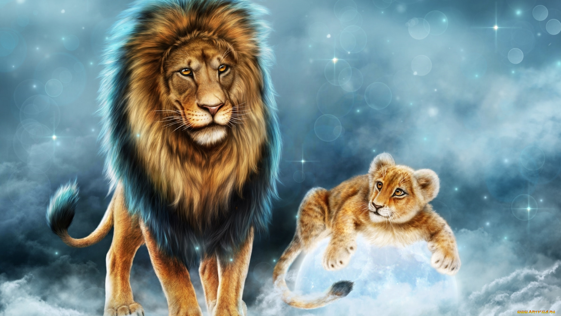 рисованное, животные, , львы, хищник, царь, сын, отец, лев, львенок