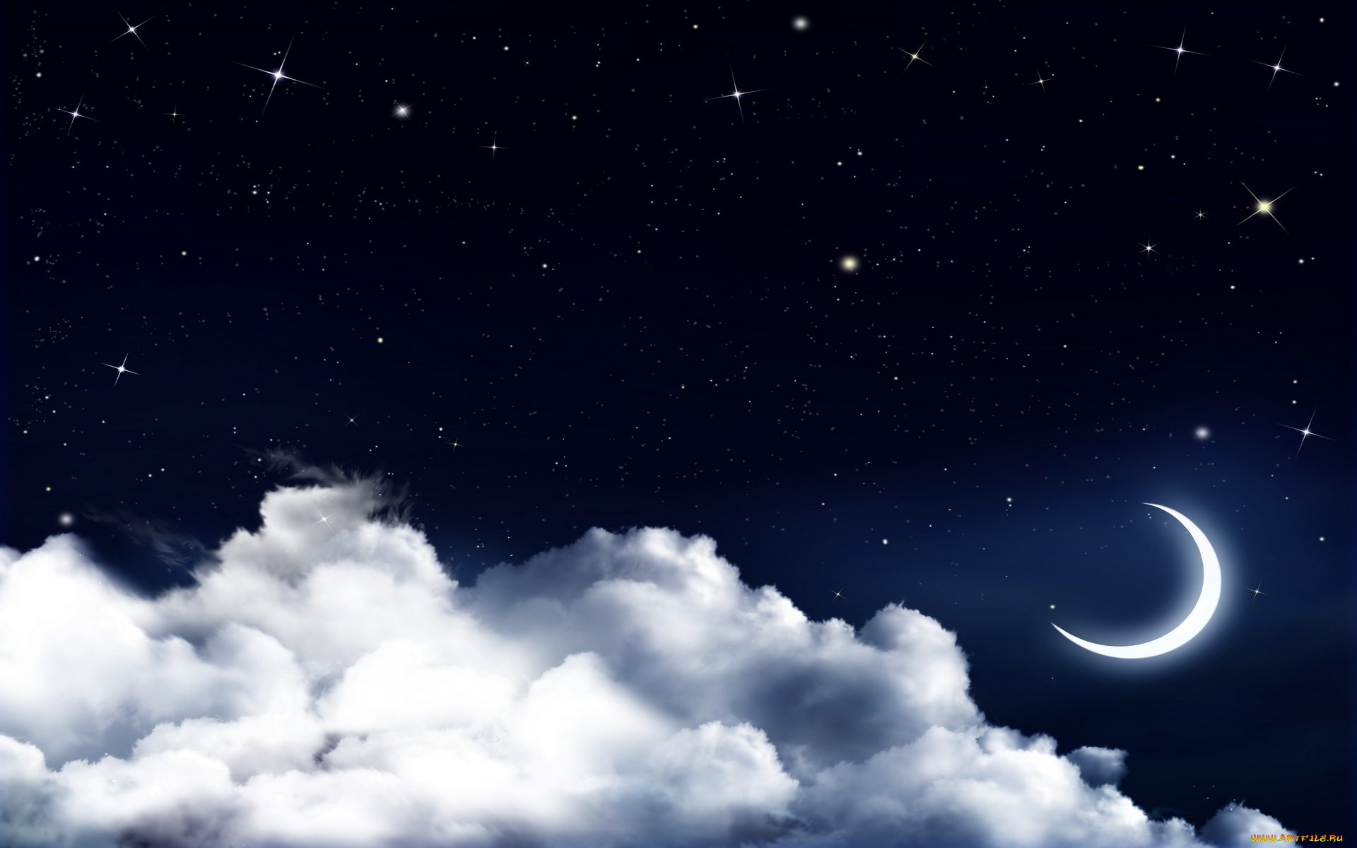 космос, луна, небо, облака, звезды, серп