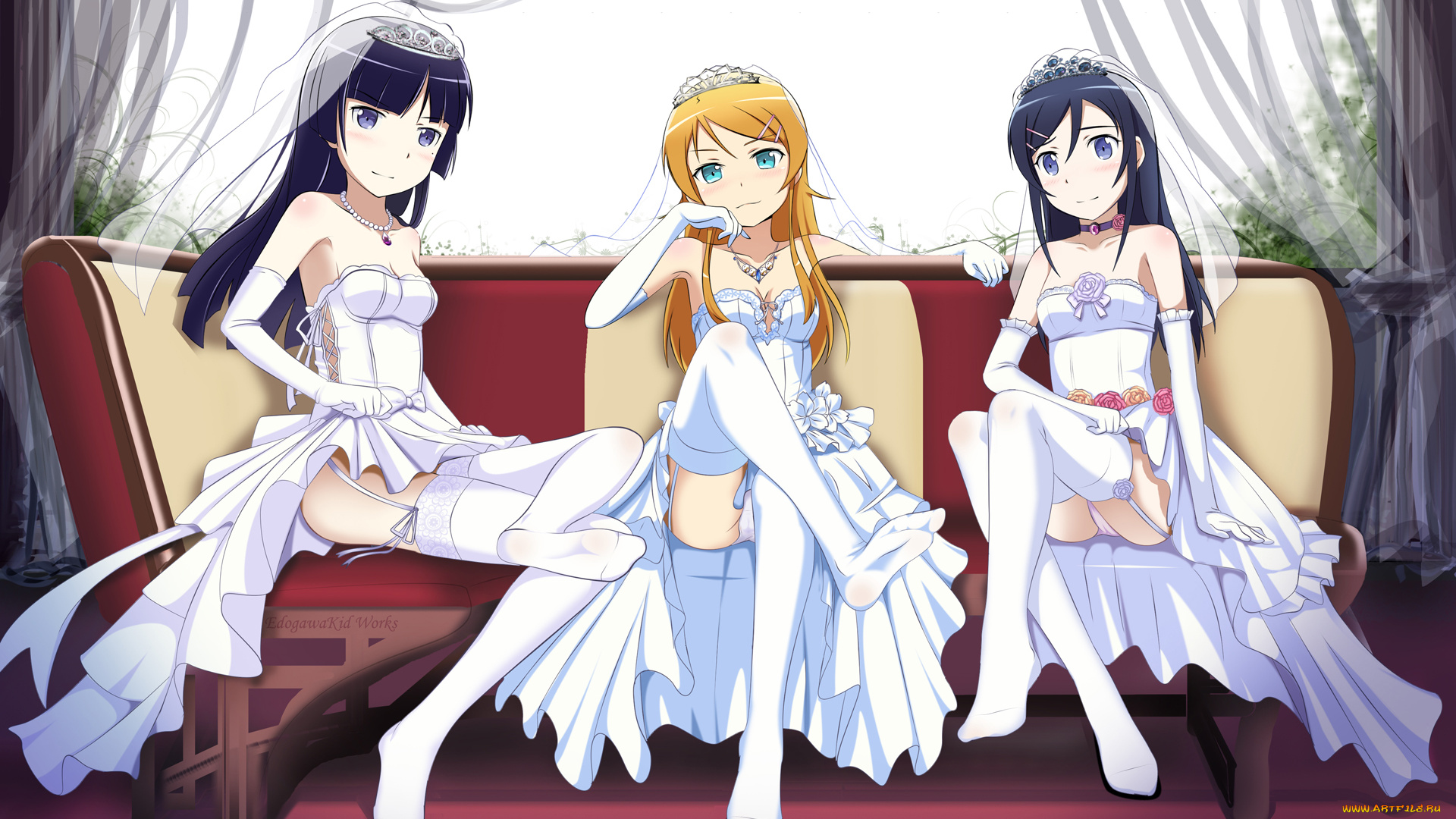 аниме, oreimo, диван, aragaki, ayase, kousaka, kirino, свадебные, платья, девушки, трио, gokou, ruri