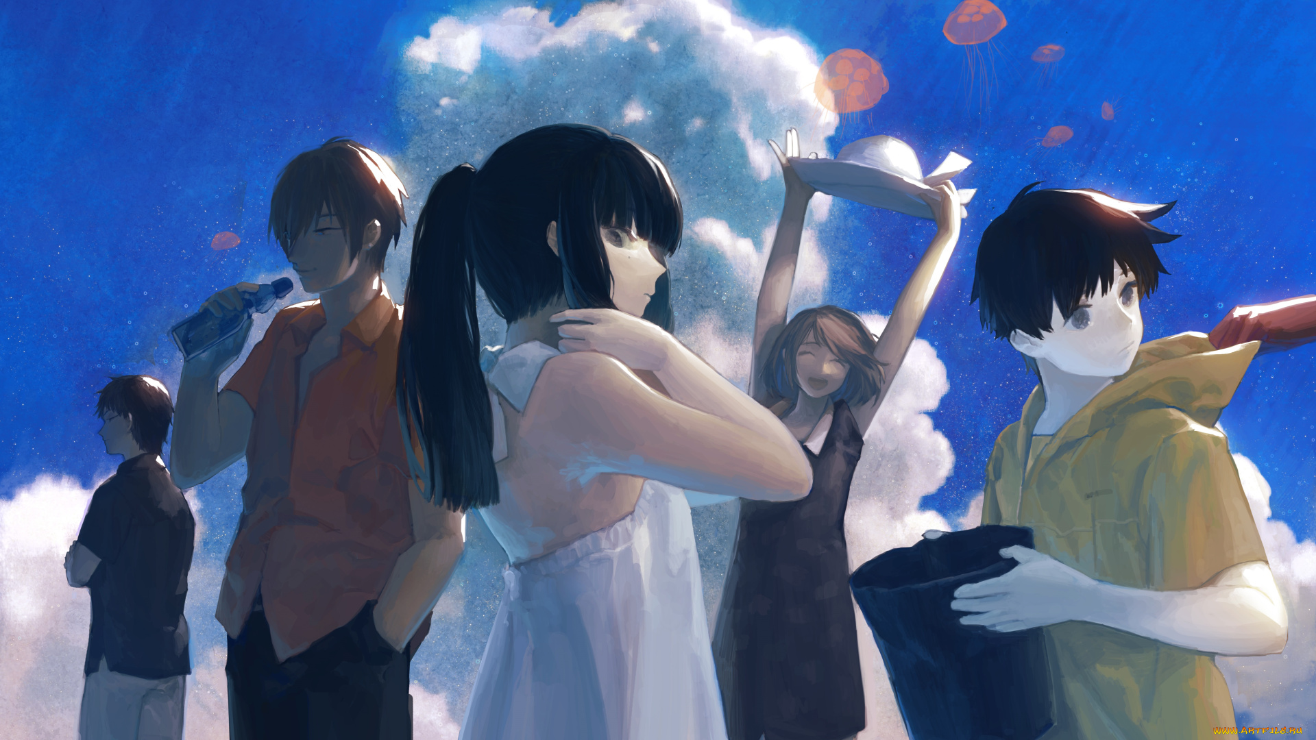 аниме, *unknown, , другое, девушки, парни, арт, бутылка, группа, небо, облака, медузы, люди