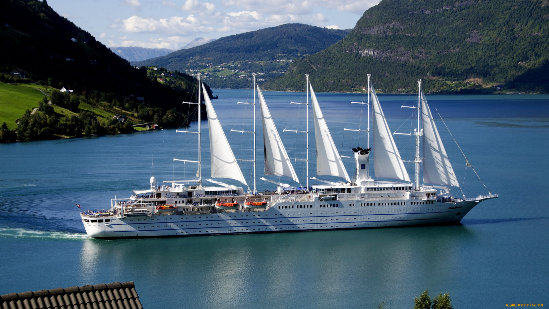 корабли, парусники, горы, деревья, река, парусник, путешествие, mountains, trees, river, sailboat, traveling