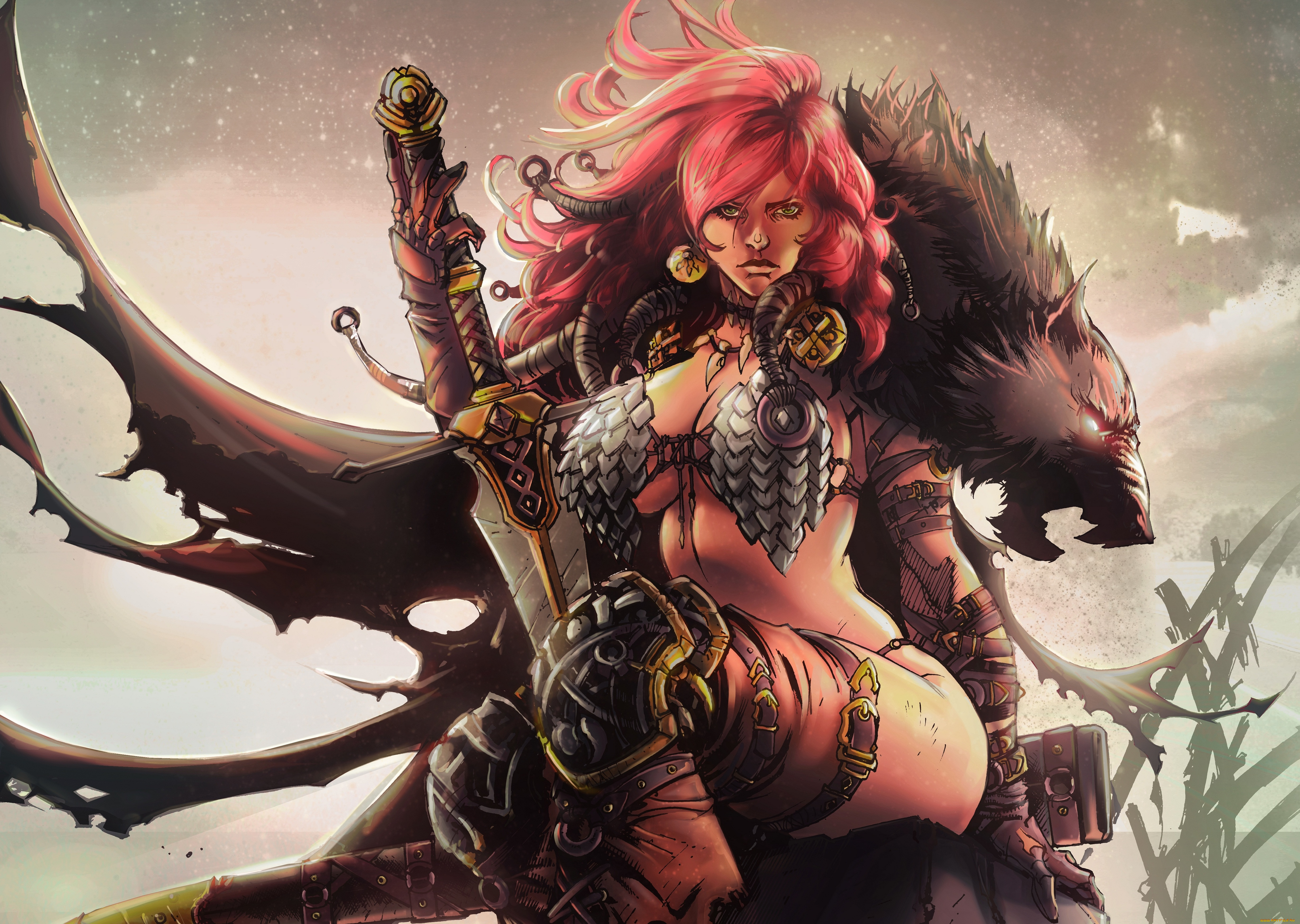 фэнтези, девушки, red, sonja, queen, of, steel, женщина, рыжая, воин, варвар, меч, шкура