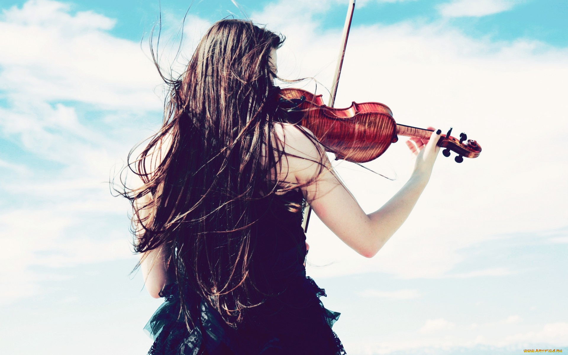 музыка, -, другое, облака, небо, ветер, скрипка, платье, девушка, mood