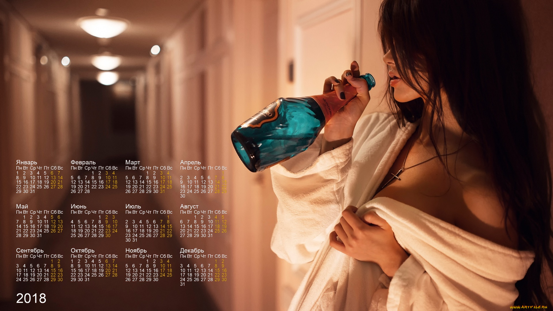 календари, девушки, коридор, халат, шампанское, бутылка
