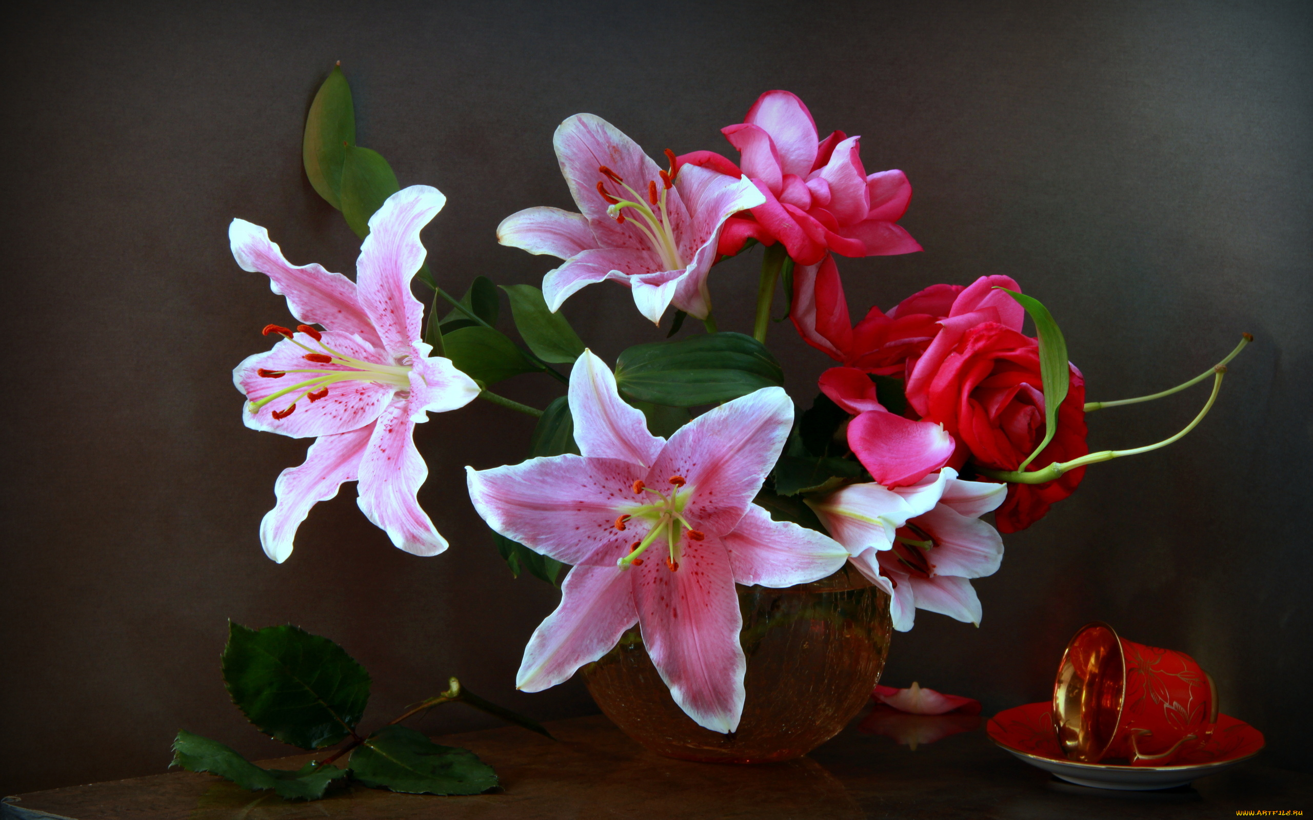 цветы, разные, вместе, ваза, листья, чашка, розы, лилии