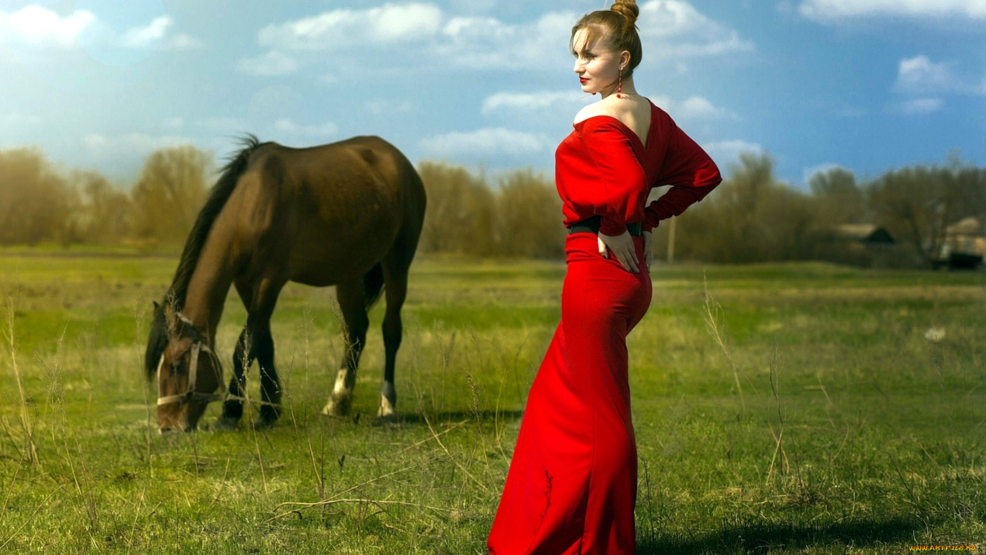 девушки, -, брюнетки, , шатенки, луг, лошадь, трава, девушка, красное, платье
