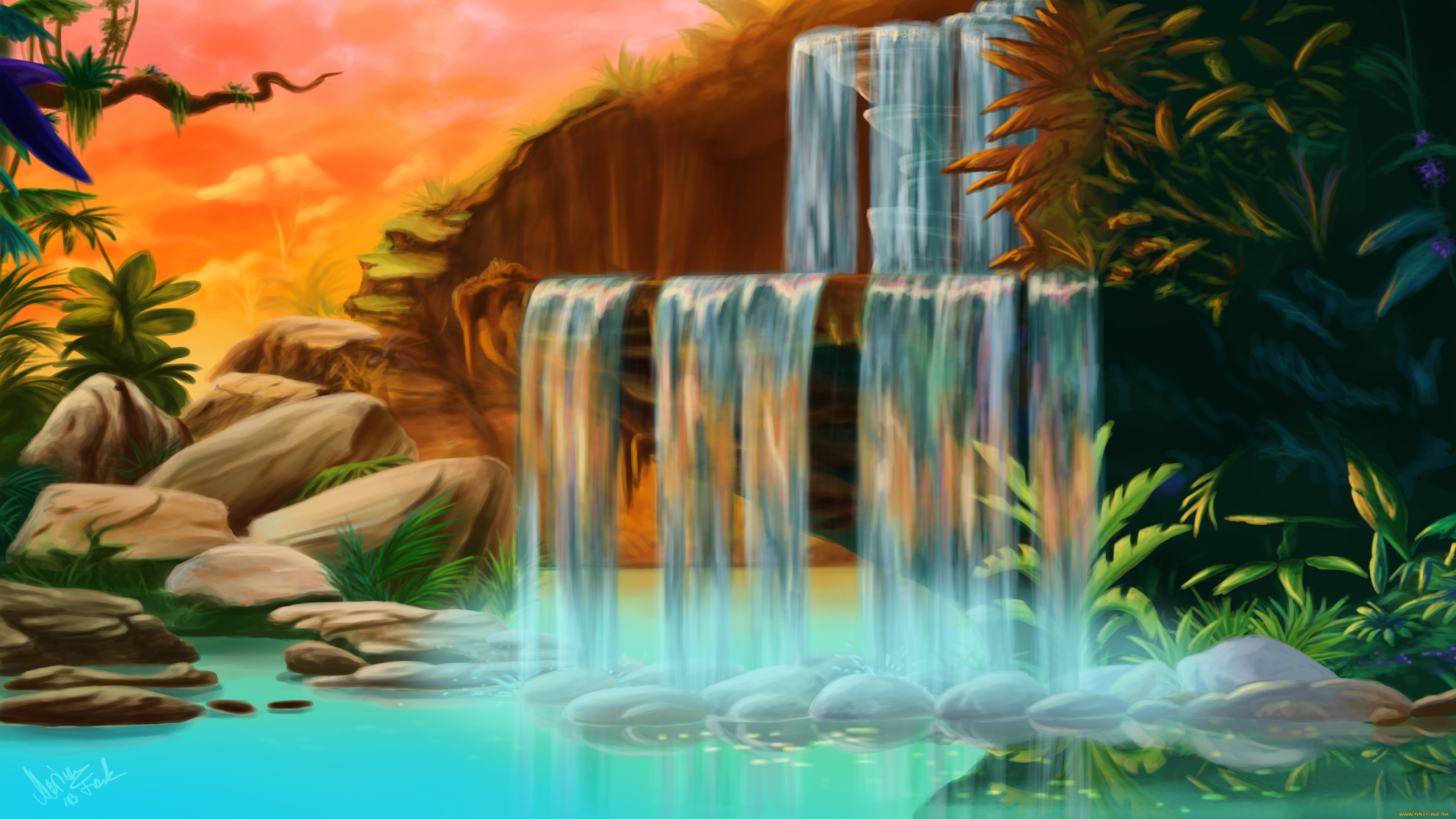 рисованное, природа, водопад, камни, озеро, джунгли, пейзаж