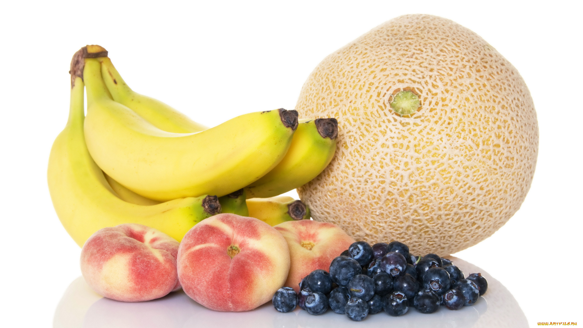 еда, фрукты, ягоды, дыня, персикм, черника, бананы