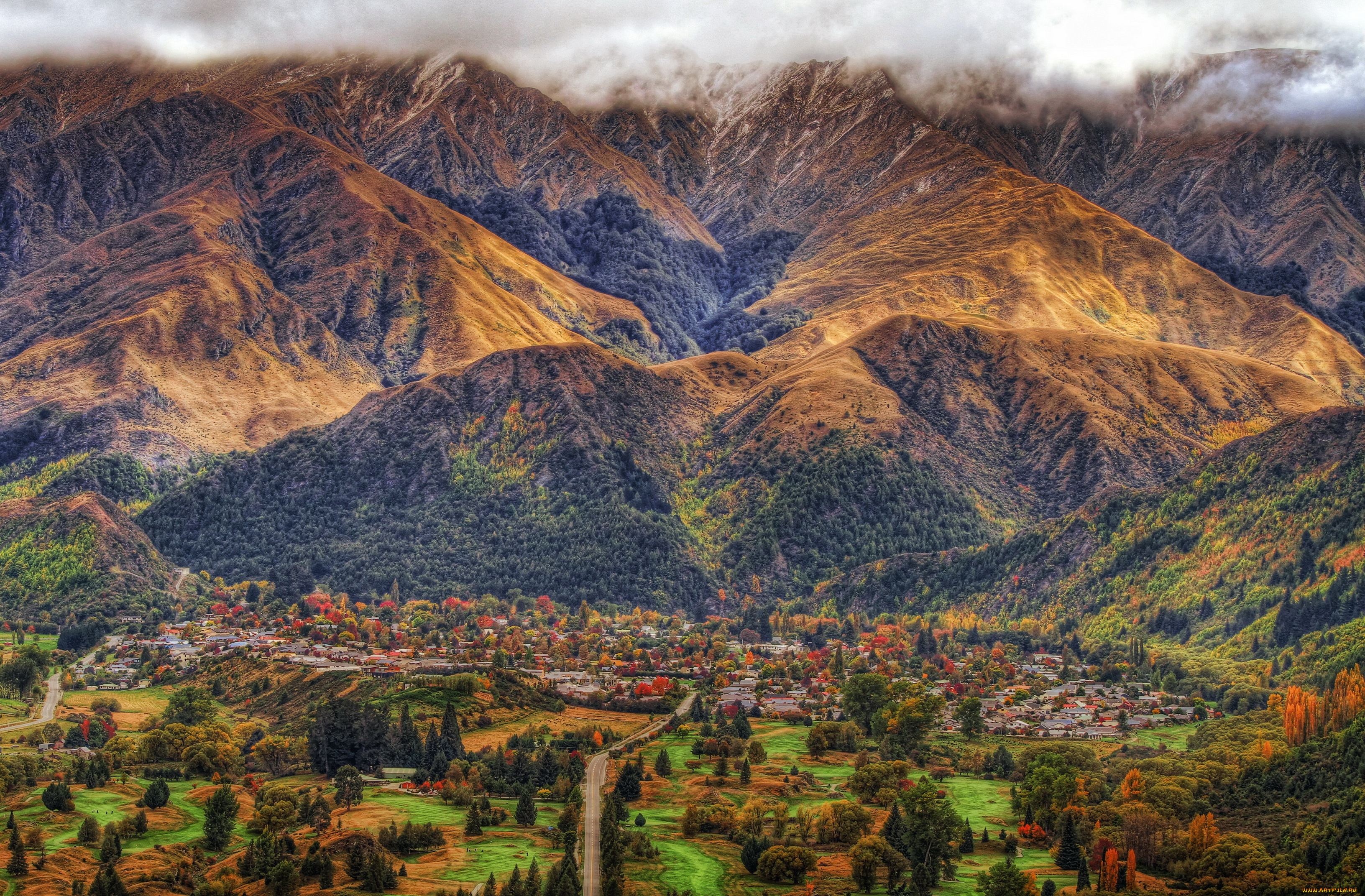 arrowtown, new, zealand, природа, горы, дымка, долина, дома