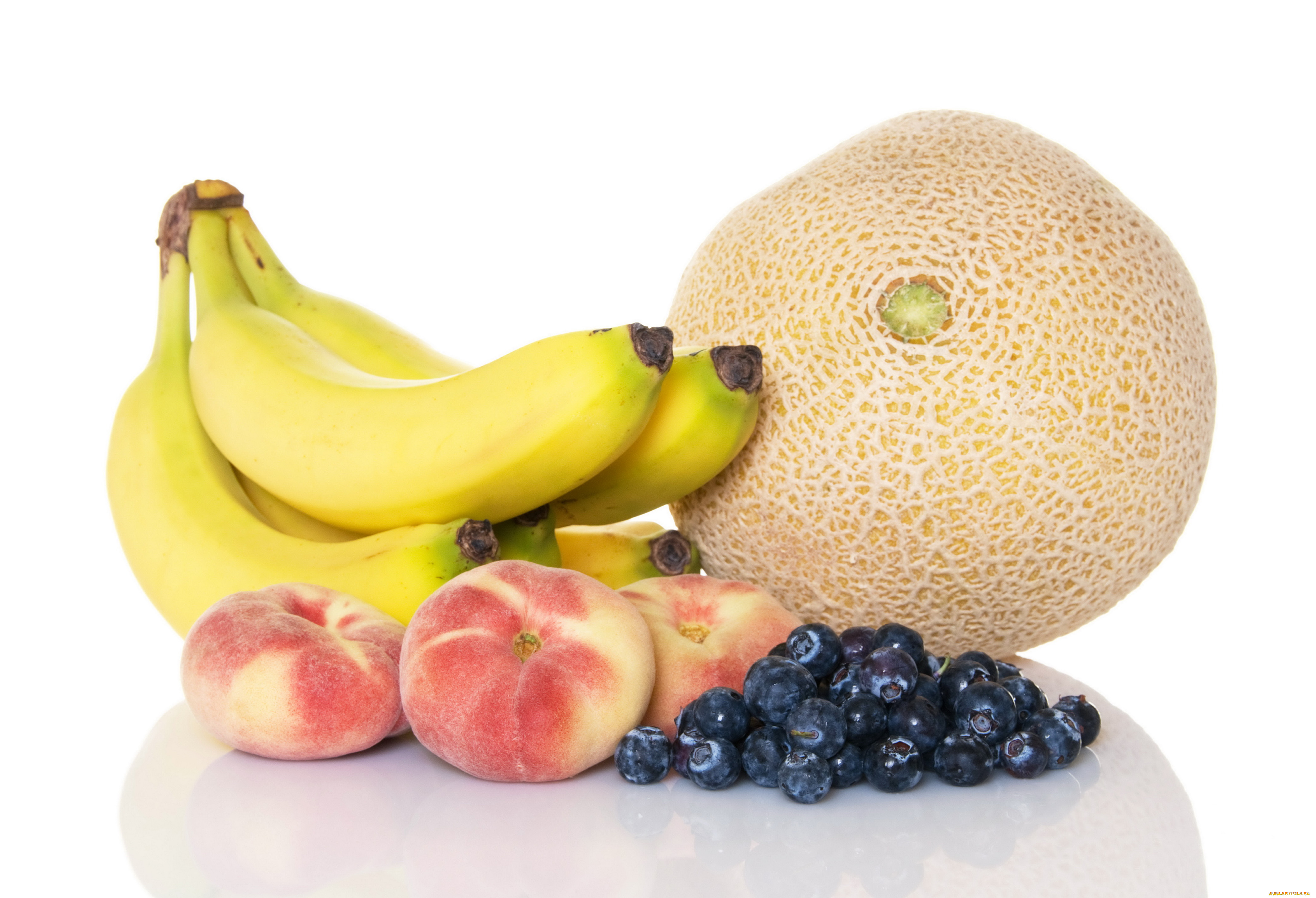 еда, фрукты, ягоды, дыня, персикм, черника, бананы