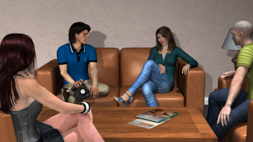 Картинка 3д+графика люди+ people стол девушки мужчины диван