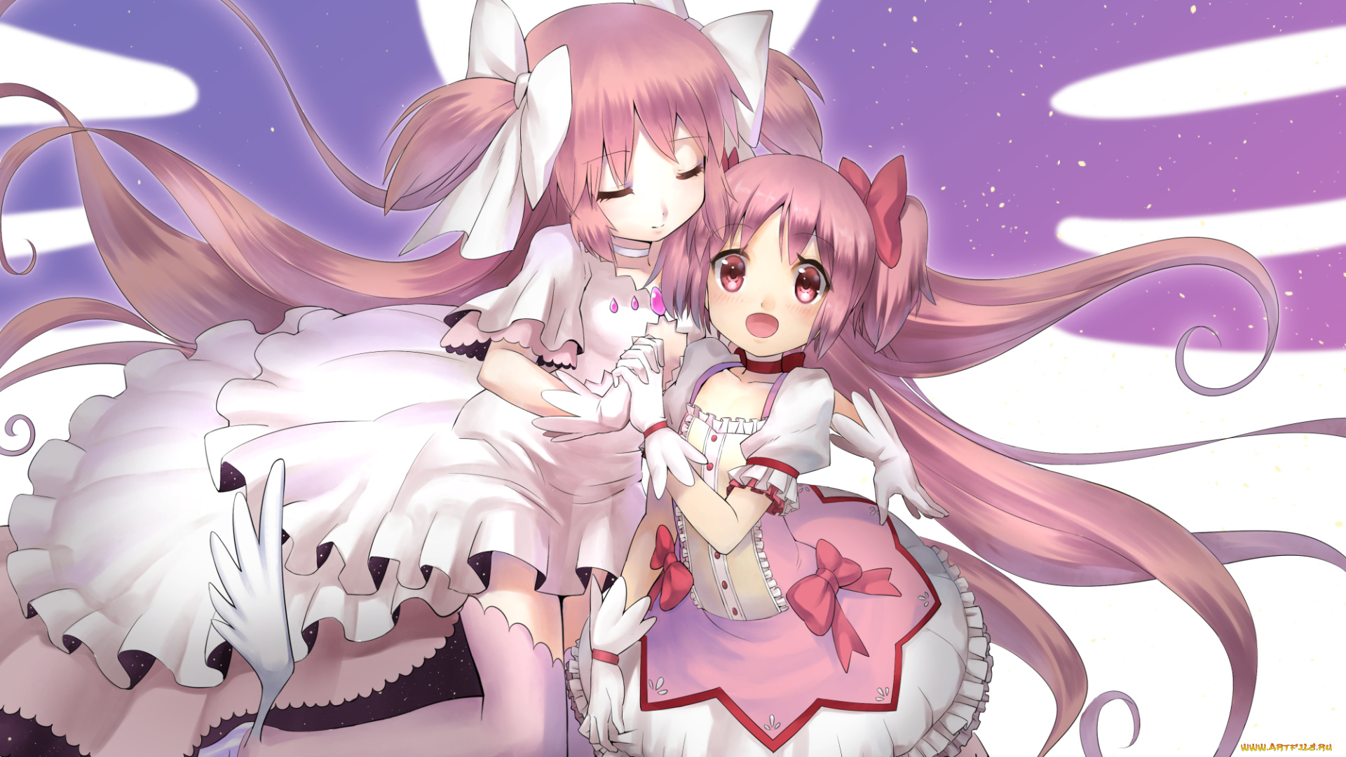 аниме, mahou, shoujo, madoka, magika, богиня, бант, платье, крылья, девушки, kaname, madoka, фон, взгляд, волосы