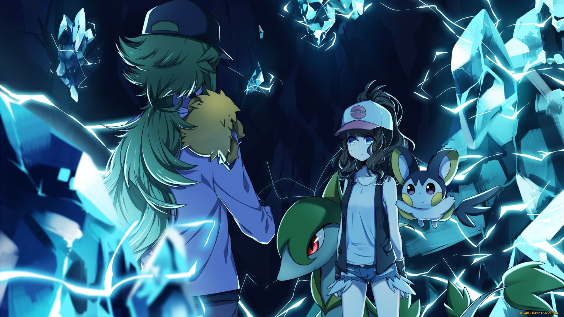 аниме, pokemon, звери, touko, n, парень, девушка, кепка, магия, transistor, арт