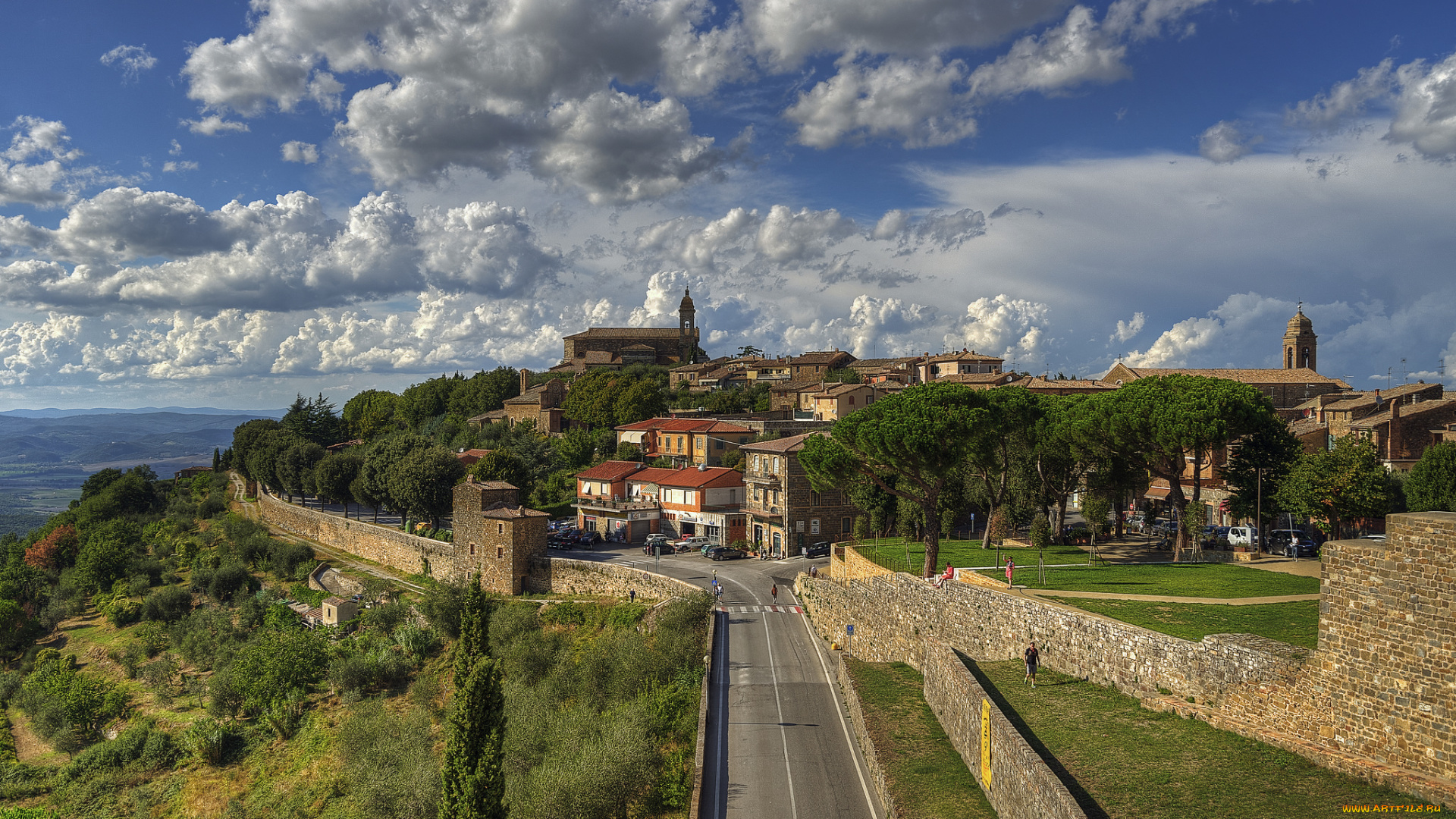montalcino, города, -, панорамы, италия, городок, холм, шоссе
