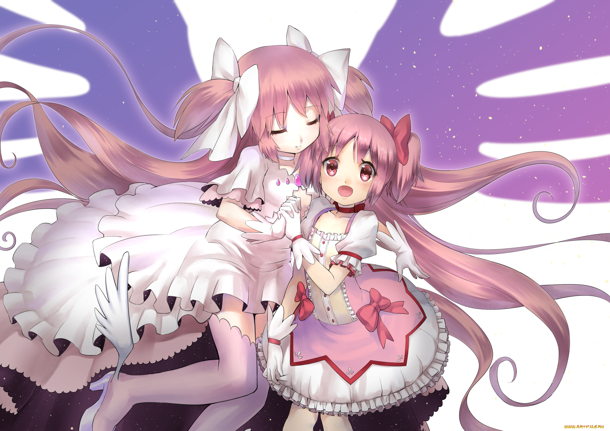 аниме, mahou, shoujo, madoka, magika, богиня, бант, платье, крылья, девушки, kaname, madoka, фон, взгляд, волосы