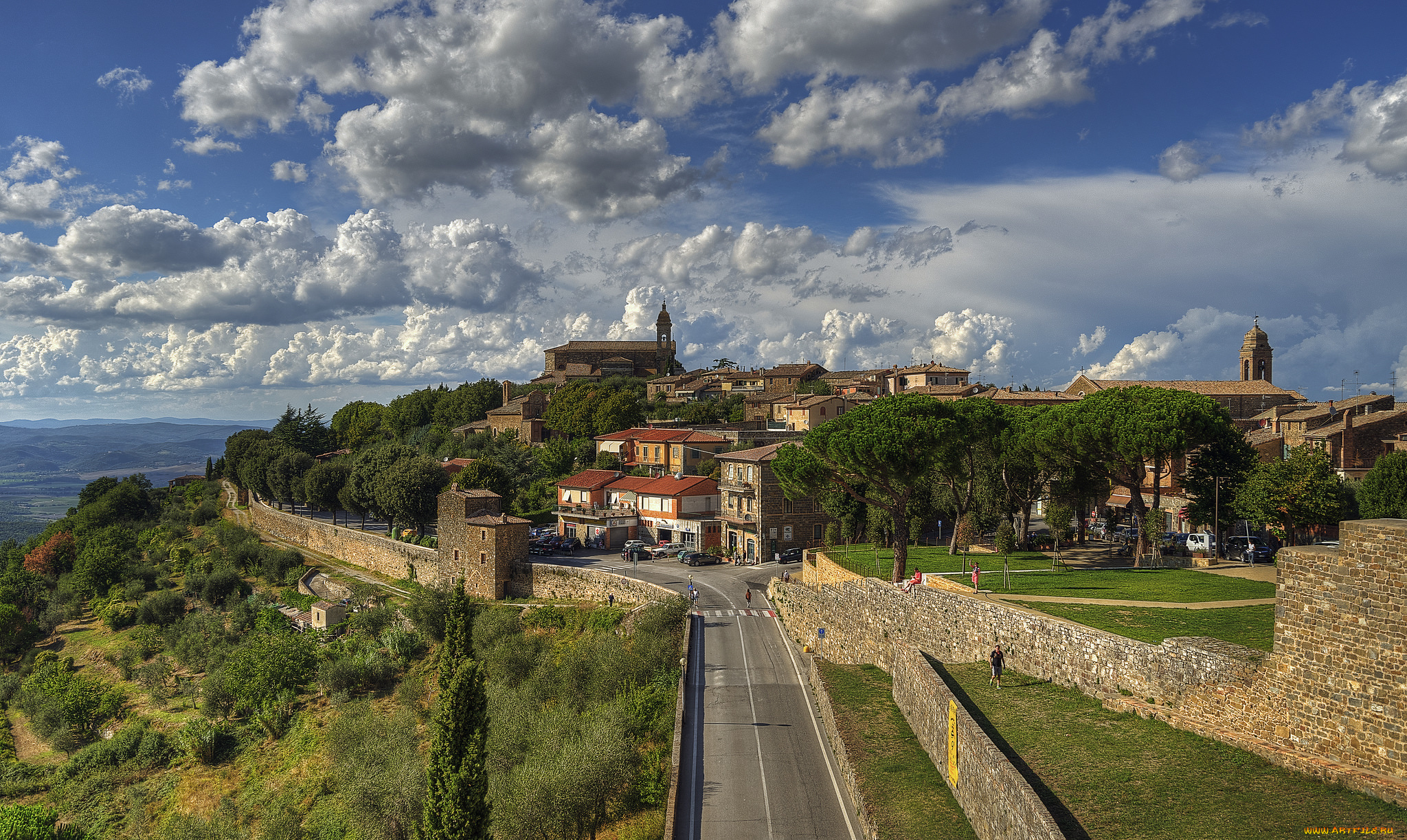 montalcino, города, -, панорамы, италия, городок, холм, шоссе