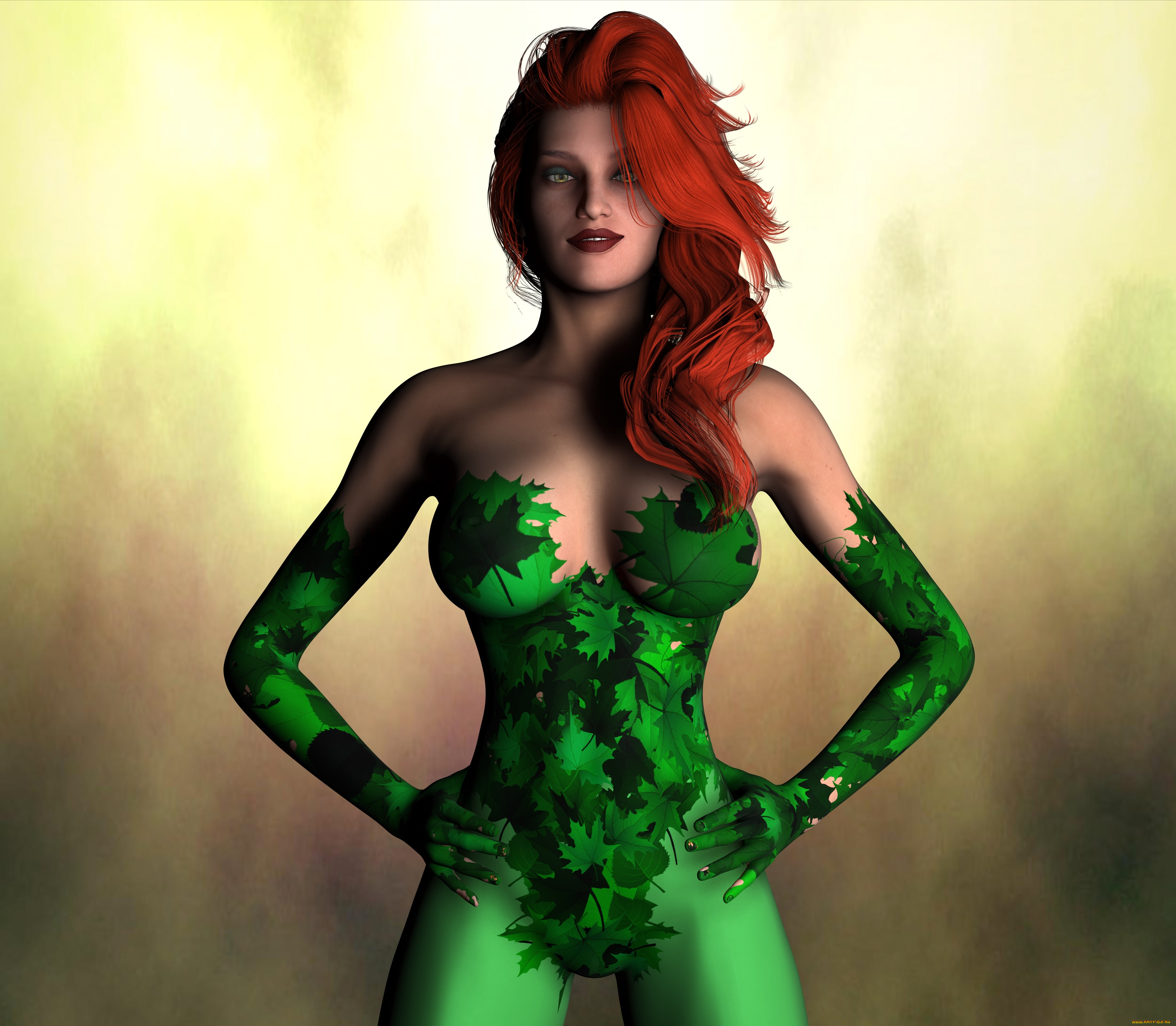 poison, ivy, 3д, графика, люди, , people, взгляд, девушка, рыжая, фон