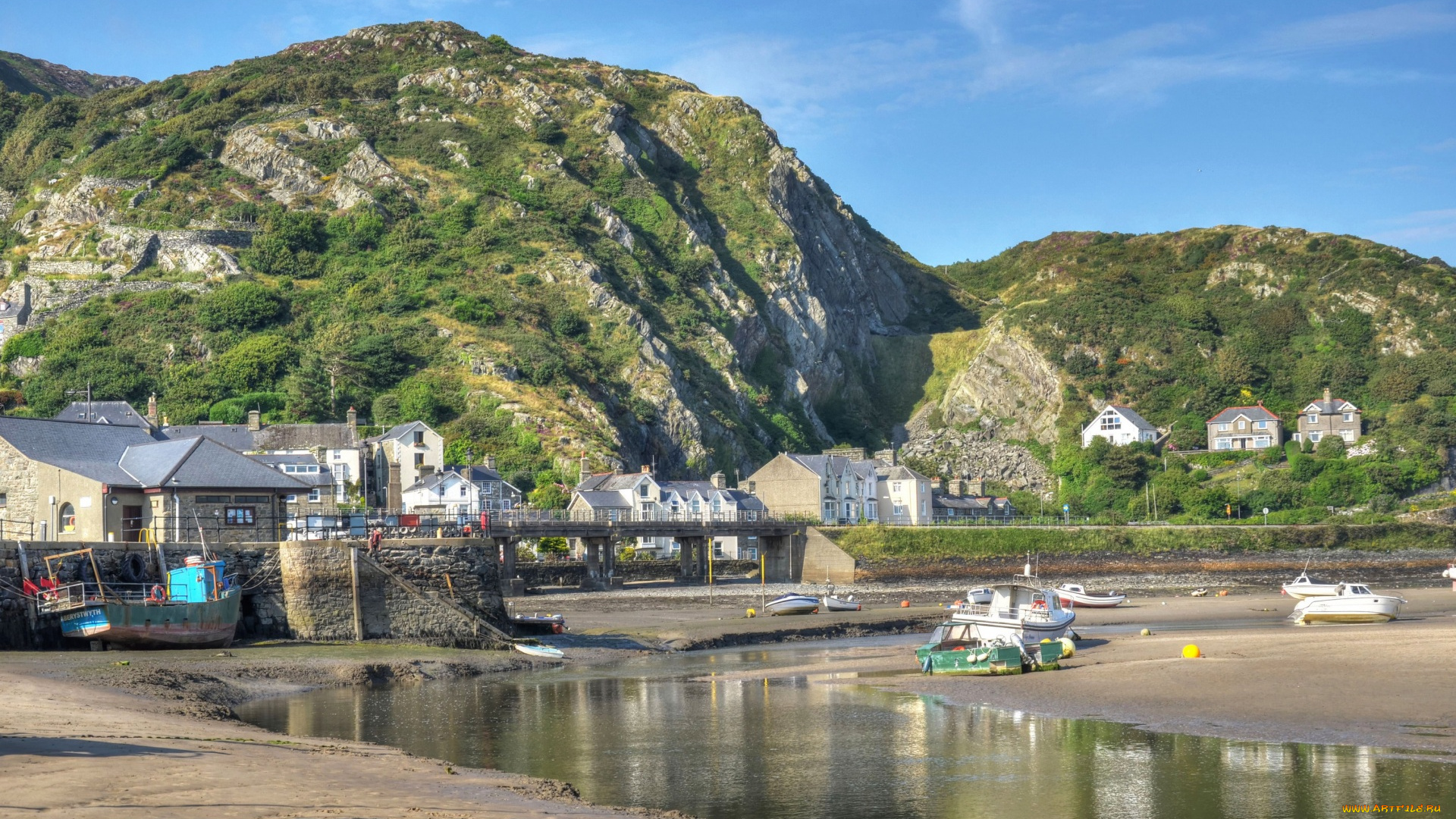 united, kingdom, , barmouth, города, -, панорамы, река, поселок, дома, горы