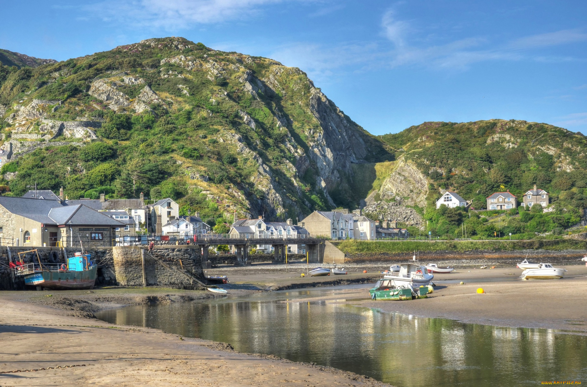 united, kingdom, , barmouth, города, -, панорамы, река, поселок, дома, горы