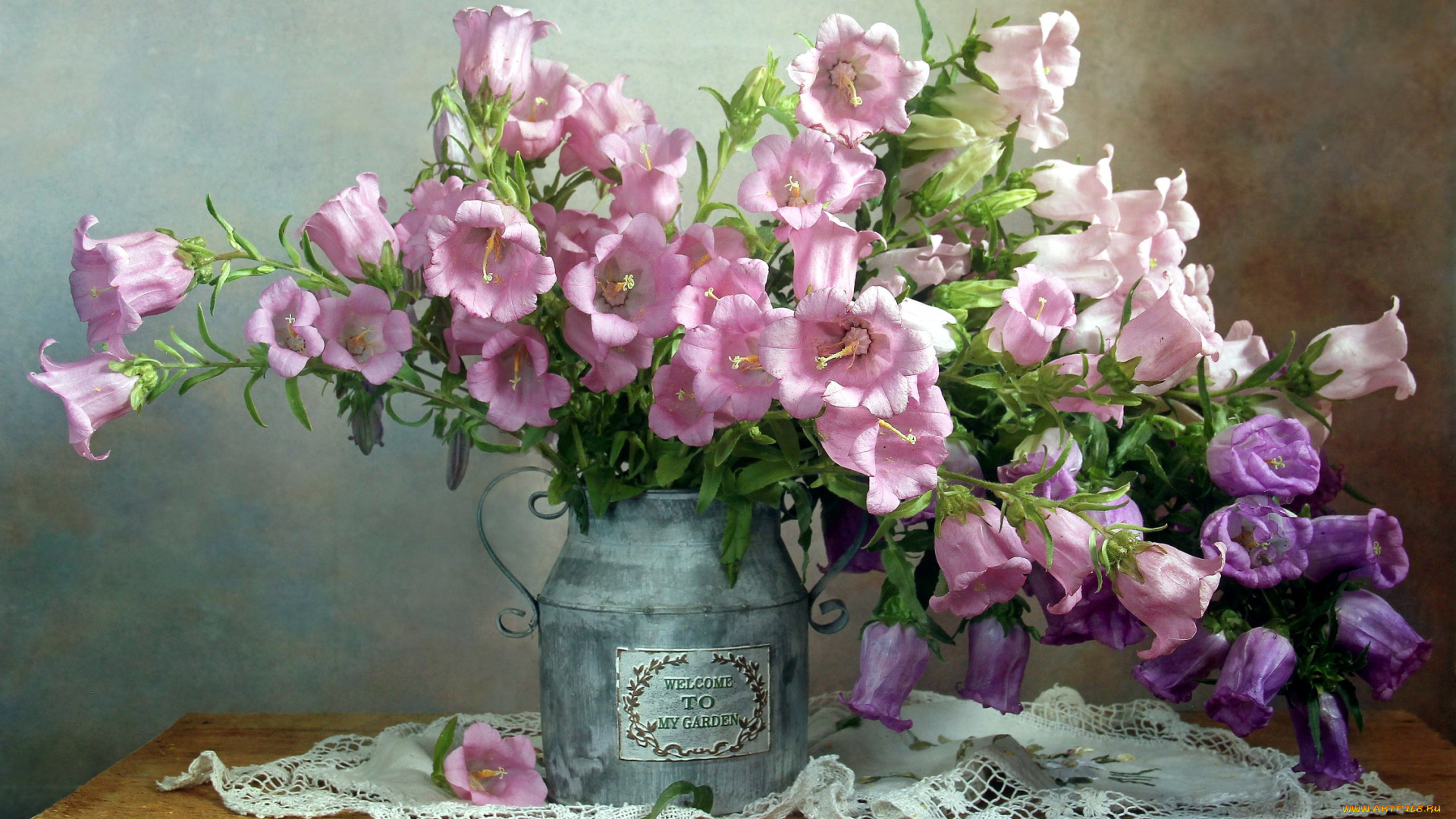 цветы, колокольчики, букет, розовые, лиловые