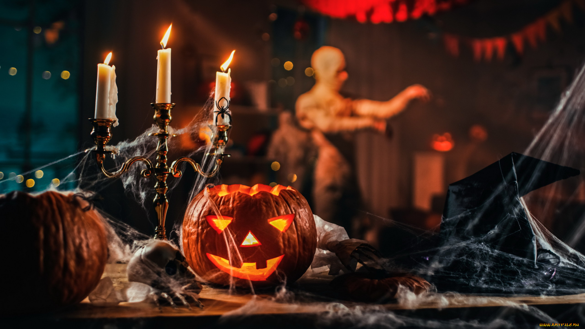 праздничные, хэллоуин, череп, свеча, тыква