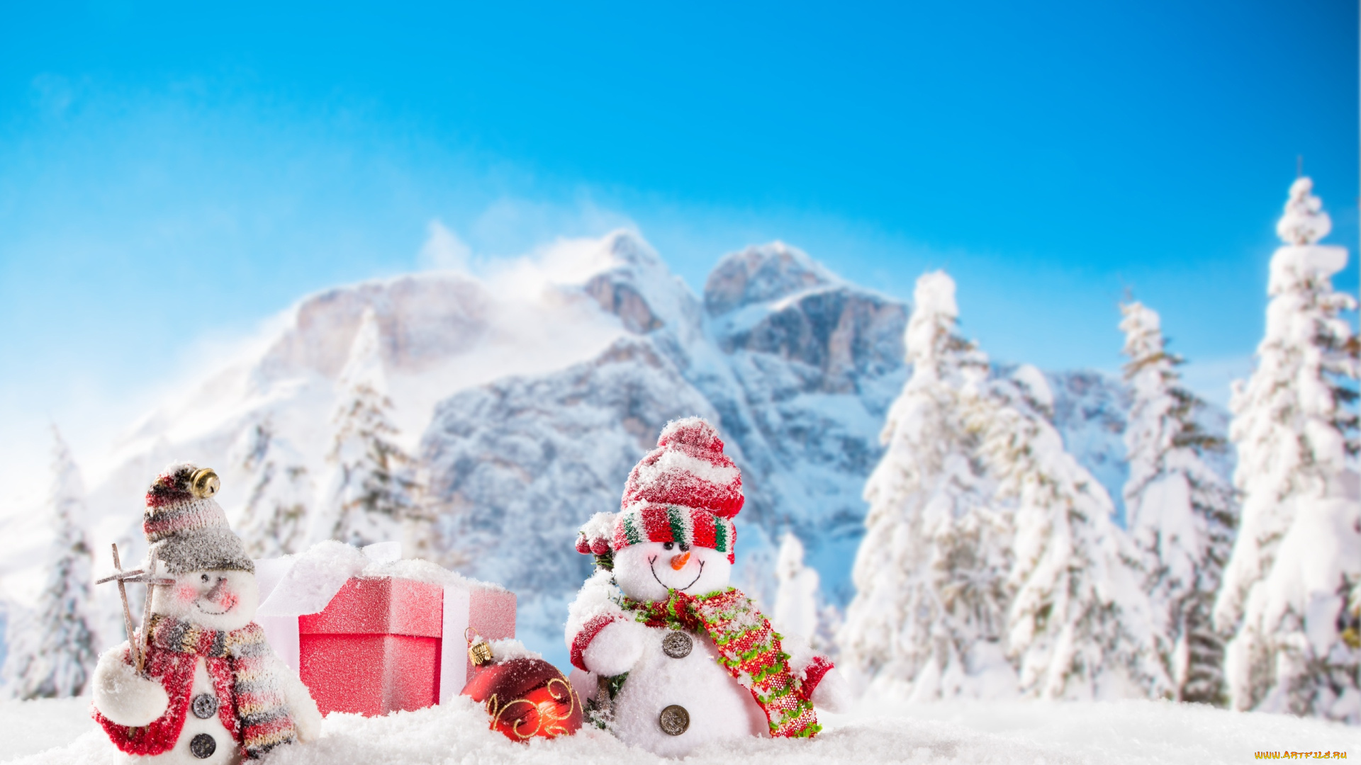 праздничные, снеговики, снег, шарики, подарок