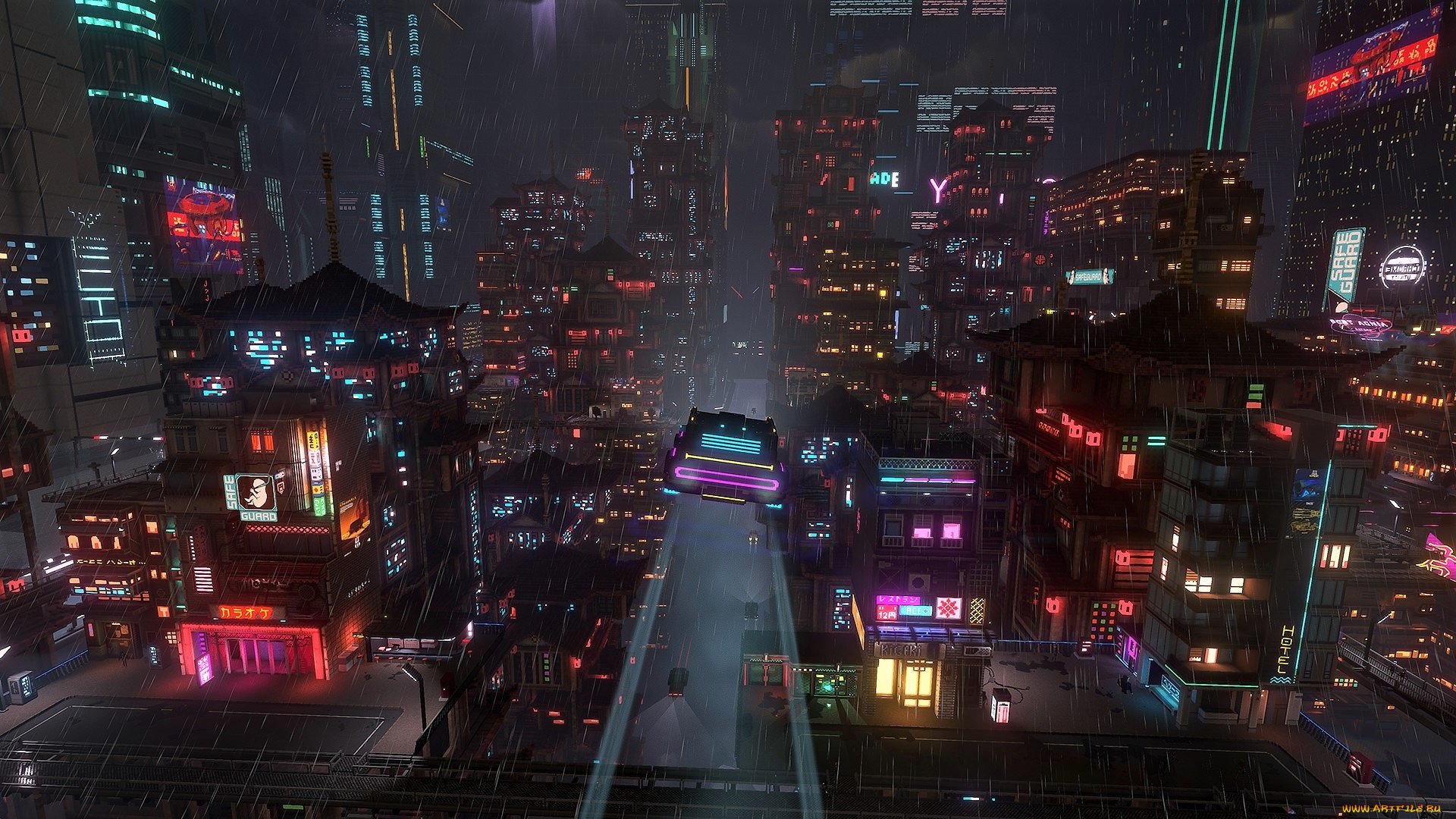 видео, игры, cloudpunk, город, будущее, огни, дождь, машина