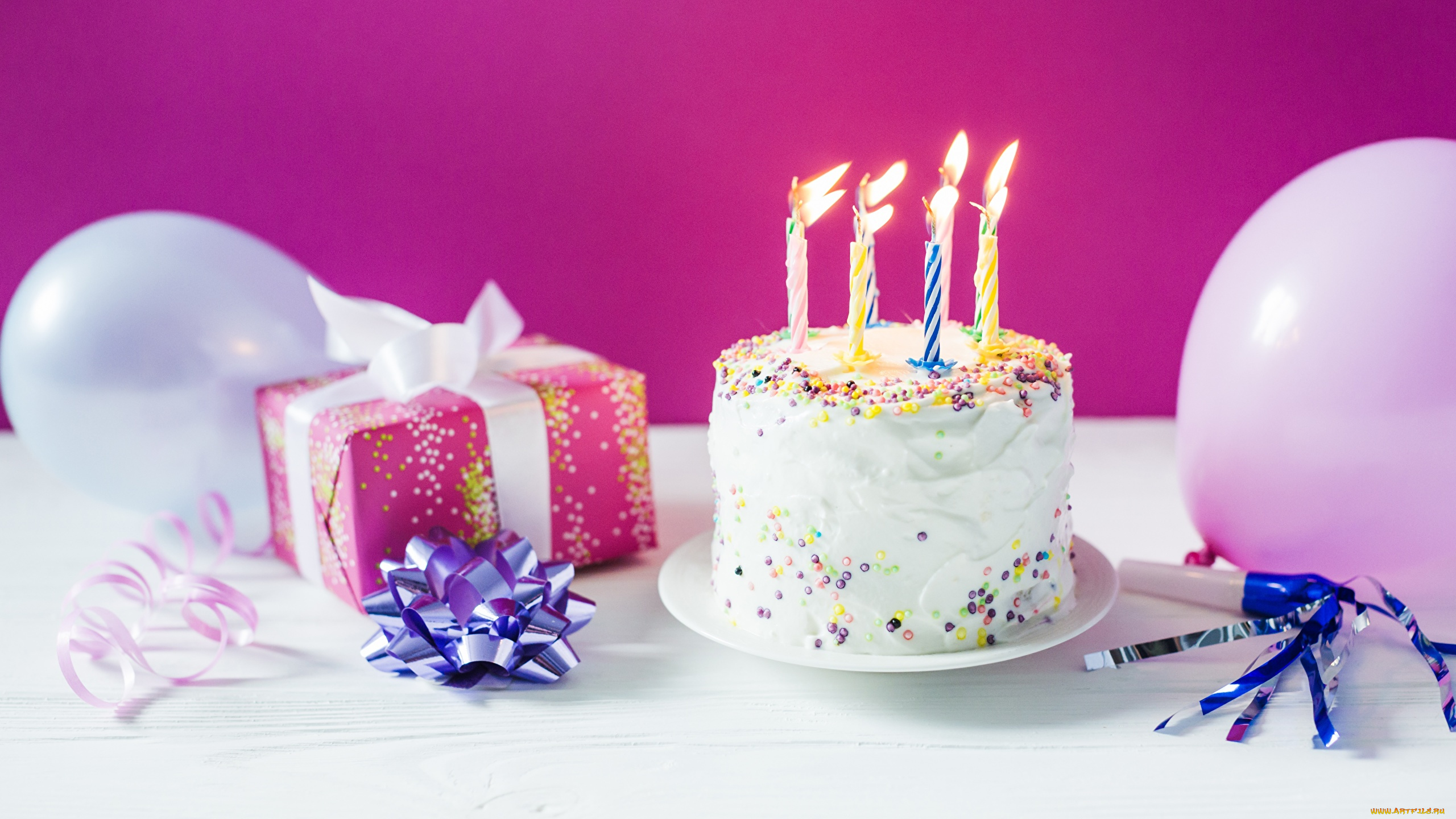 праздничные, день, рождения, торт, свечи, шарики, подарок
