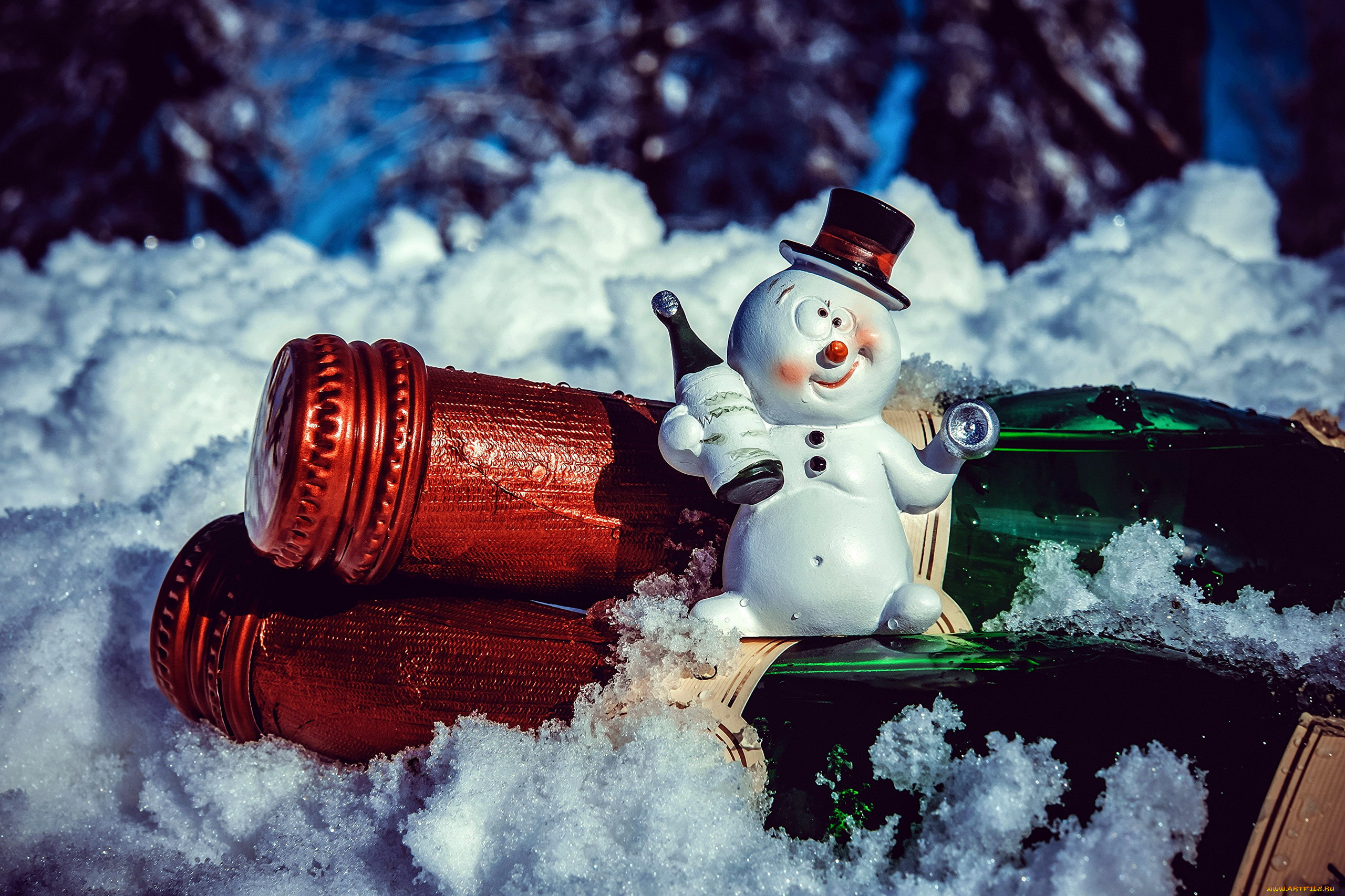 праздничные, снеговики, снег, снеговик, бутылки, шампанское
