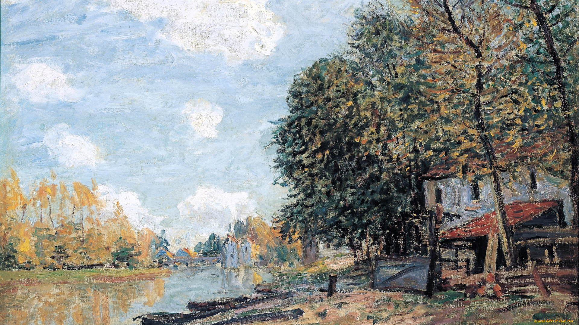 рисованное, alfred, sisley, деревья, река, лодки, берега, дом