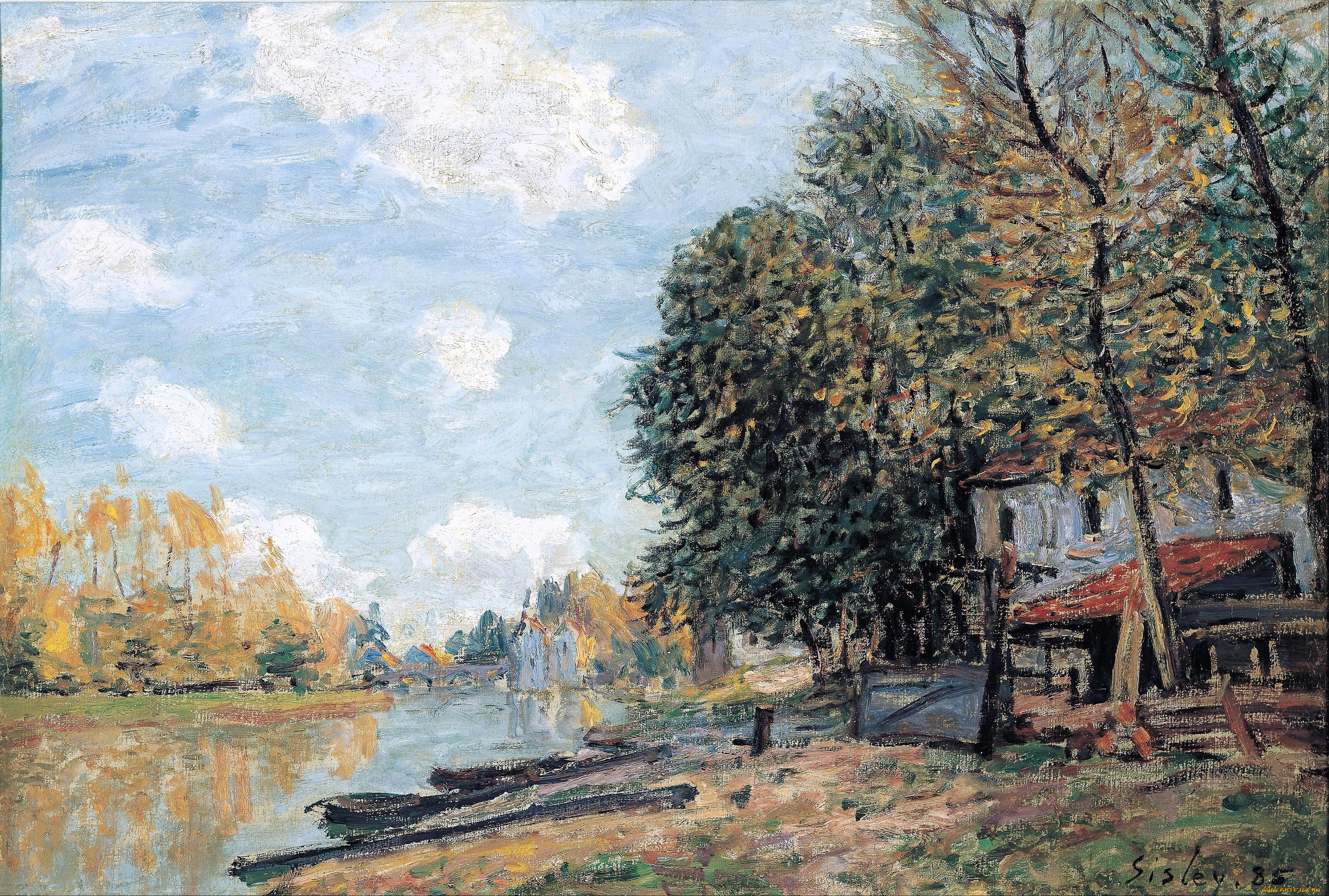 рисованное, alfred, sisley, деревья, река, лодки, берега, дом