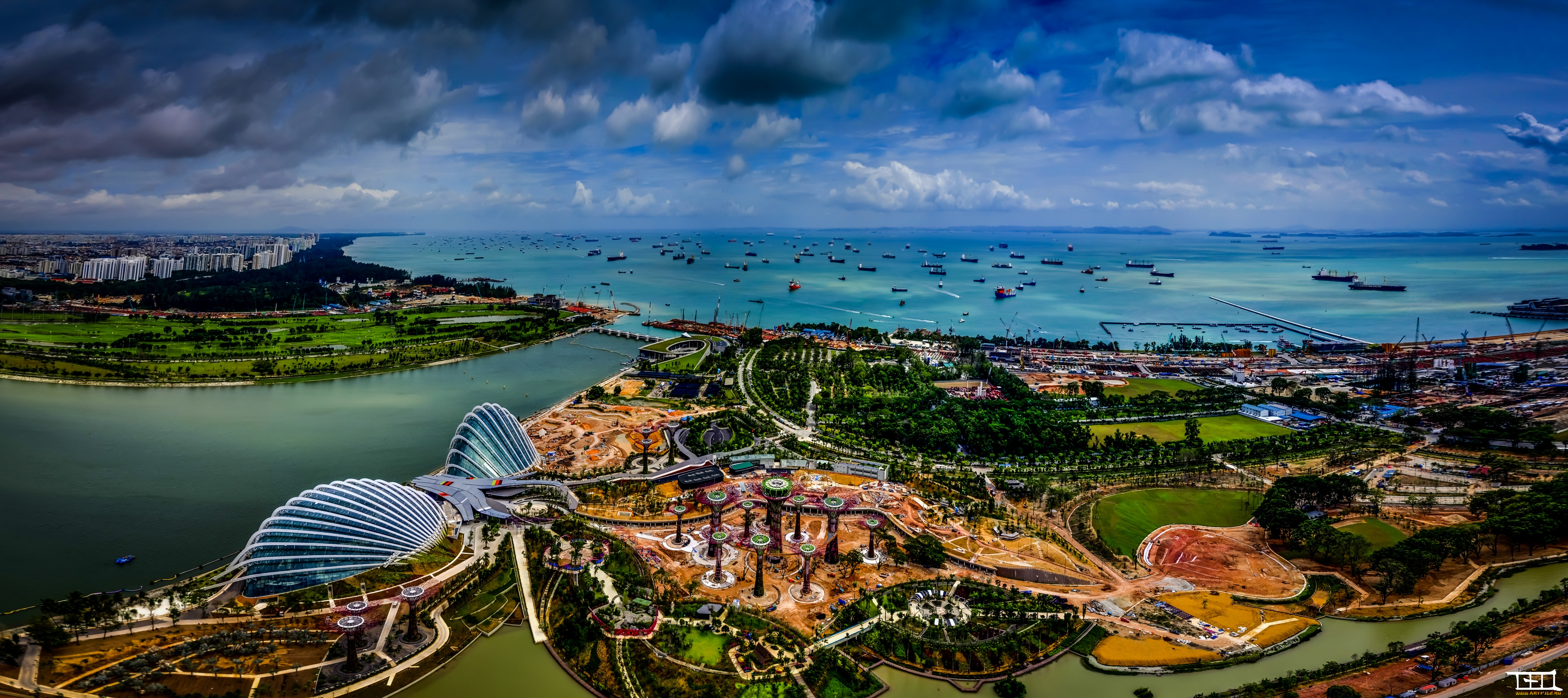 города, сингапур, панорама, вид, сверху
