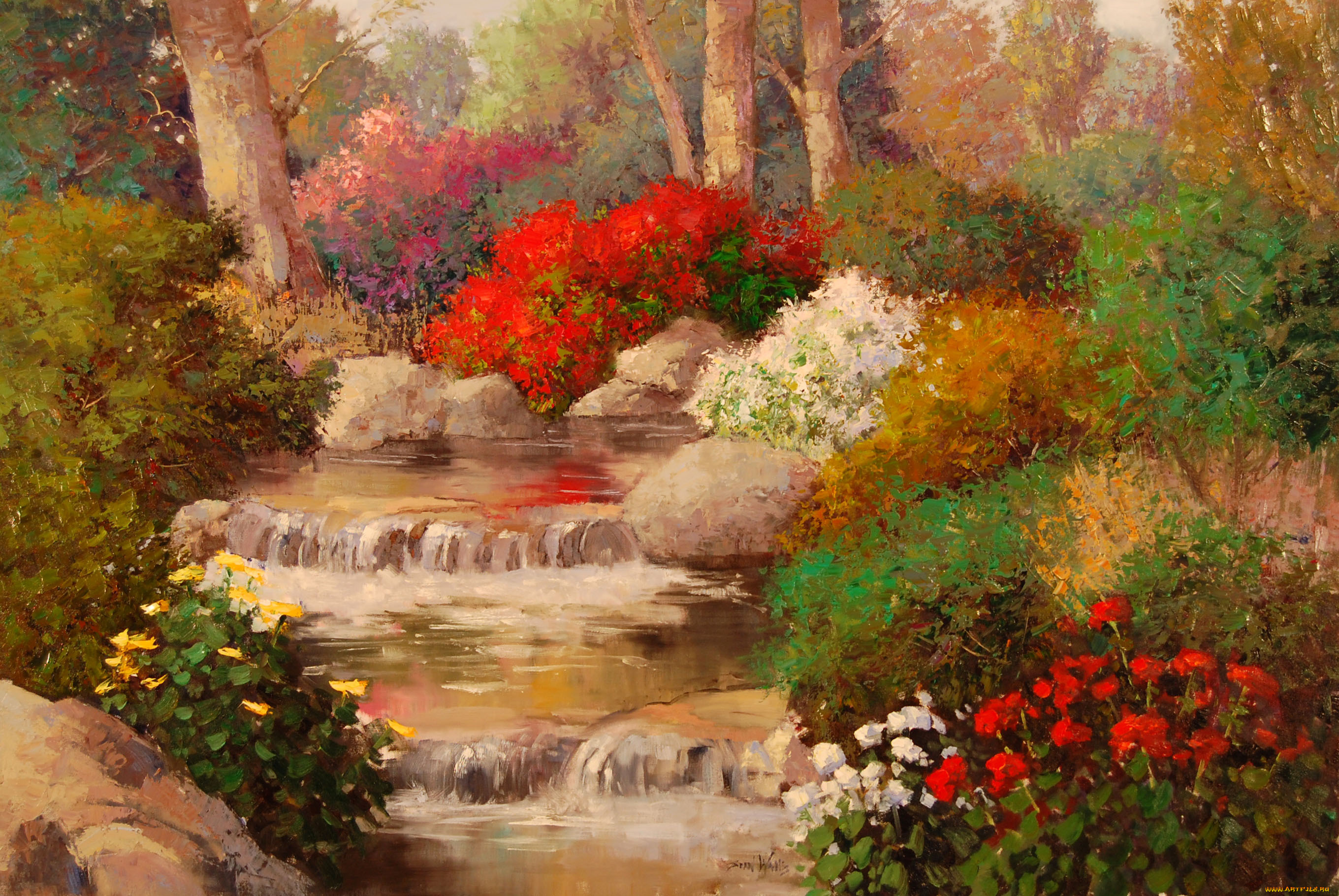 рисованное, живопись, ручеёк, вода, розы, деревья, цветы, природа