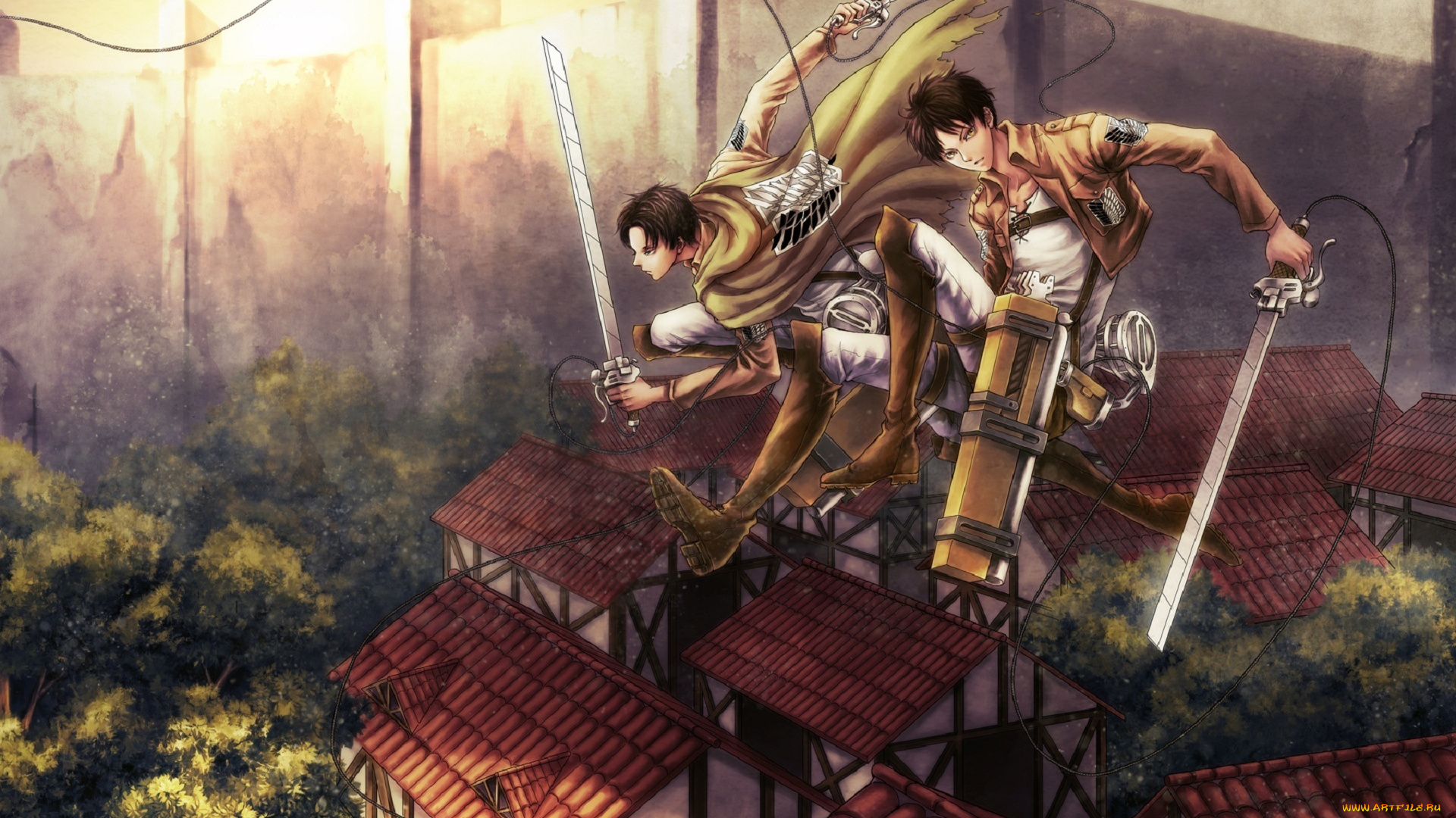 аниме, shingeki, no, kyojin, тросы, оружие, взгляд, eren, jaeger, fufu, парни, rivaille, shingeki, no, kyojin, art, город, стена, полет