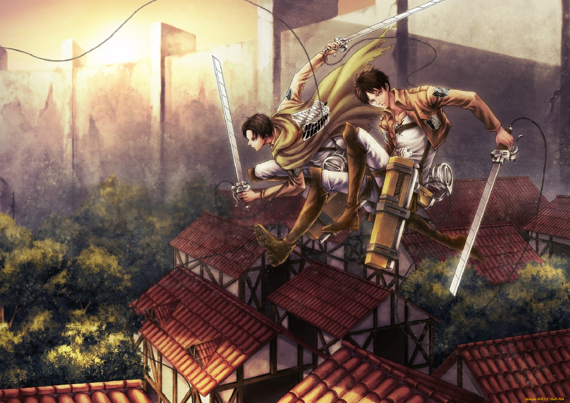 аниме, shingeki, no, kyojin, тросы, оружие, взгляд, eren, jaeger, fufu, парни, rivaille, shingeki, no, kyojin, art, город, стена, полет