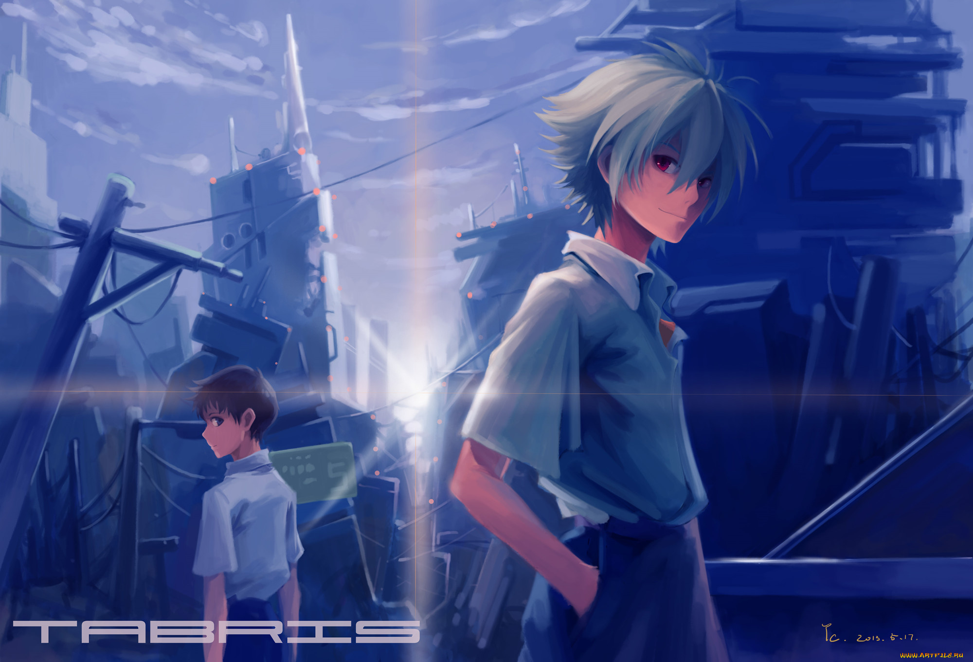 аниме, evangelion, nagisa, kaworu, парни, art, tyc001x, neon, genesis, ночь, город, улыбка, взгляд, ikari, shinji