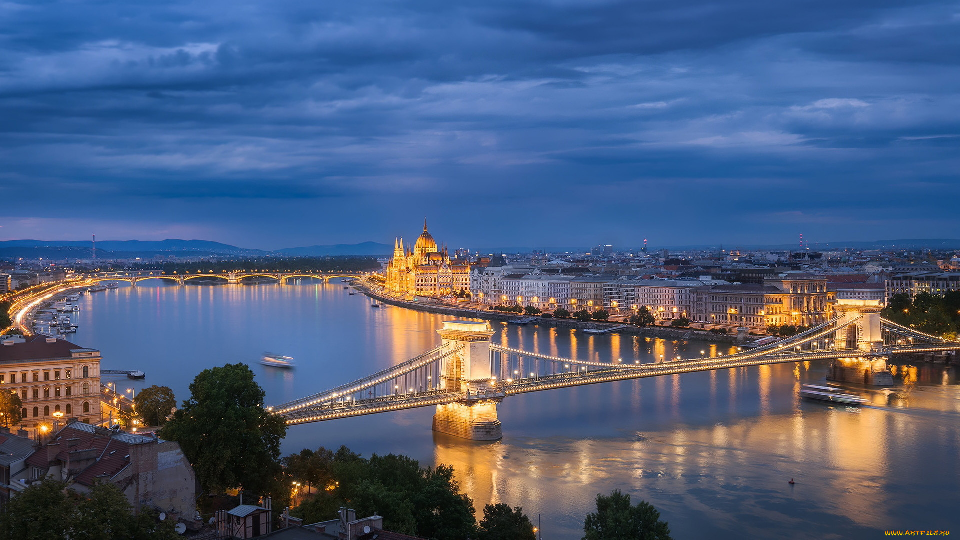 города, будапешт, , венгрия, река, дунай, панорама, мосты, вечер, огни